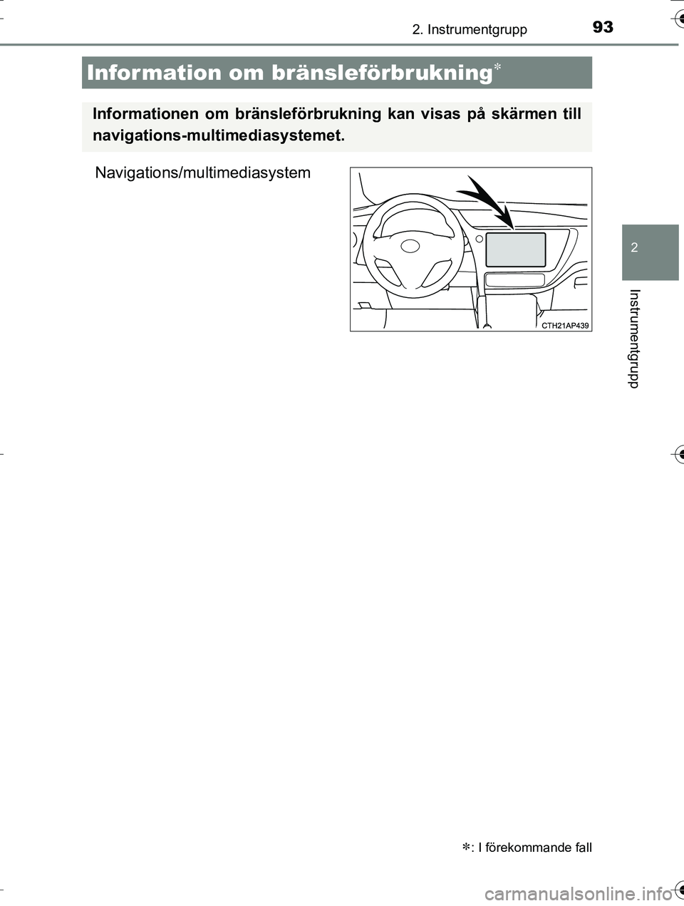 TOYOTA AURIS TOURING SPORTS 2016 Bruksanvisningar (in Swedish) 932. Instrumentgrupp
OM12K53SE
2
Instrumentgrupp
Navigations/multimediasystem
Information om bränsleförbrukning
: I förekommande fall
Informationen om bränsleförbrukning kan visas på skär TOYOTA AURIS TOURING SPORTS 2016 Bruksanvisningar (in Swedish) 932. Instrumentgrupp
OM12K53SE
2
Instrumentgrupp
Navigations/multimediasystem
Information om bränsleförbrukning
: I förekommande fall
Informationen om bränsleförbrukning kan visas på skär