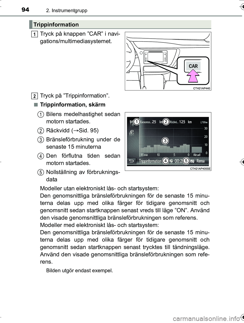 TOYOTA AURIS TOURING SPORTS 2016 Bruksanvisningar (in Swedish) 942. Instrumentgrupp
OM12K53SE
Tryck på knappen ”CAR” i navi-
gations/multimediasystemet.
Tryck på ”Trippinformation”.
nTrippinformation, skärmBilens medelha stighet sedan
motorn startades. TOYOTA AURIS TOURING SPORTS 2016 Bruksanvisningar (in Swedish) 942. Instrumentgrupp
OM12K53SE
Tryck på knappen ”CAR” i navi-
gations/multimediasystemet.
Tryck på ”Trippinformation”.
nTrippinformation, skärmBilens medelha stighet sedan
motorn startades.