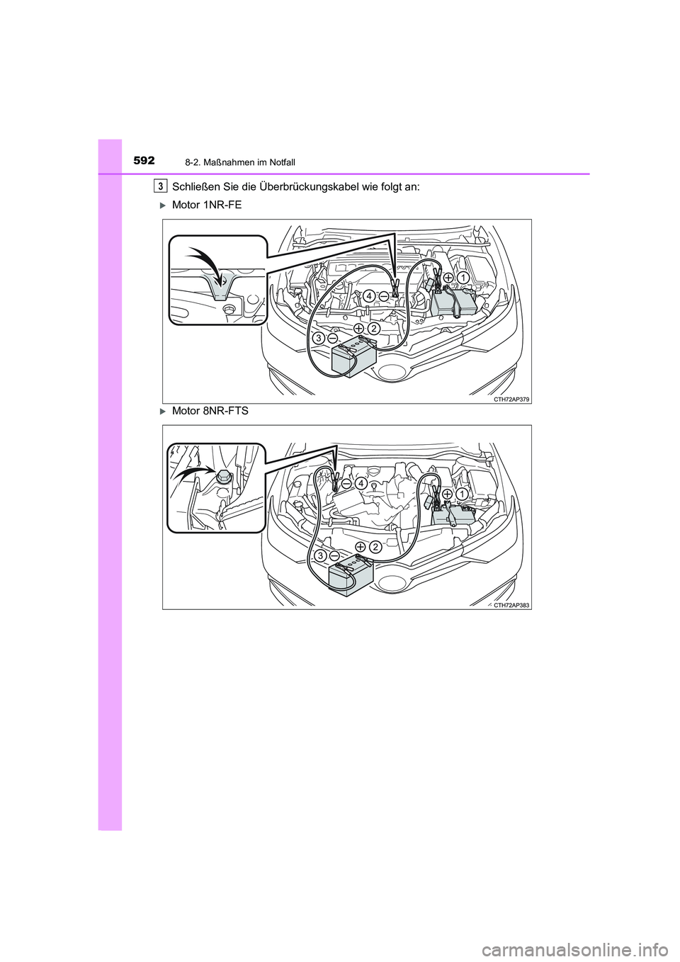 TOYOTA AURIS TOURING SPORTS 2015  Betriebsanleitungen (in German) 5928-2. Maßnahmen im Notfall
UK_AURIS_Touring_Sport_EM (OM12J33M)
Schließen Sie die Überbrückungskabel wie folgt an:
�XMotor 1NR-FE
�XMotor 8NR-FTS
3
AURIS Touring Sports_OM_EM_OM12J33M.book  592 