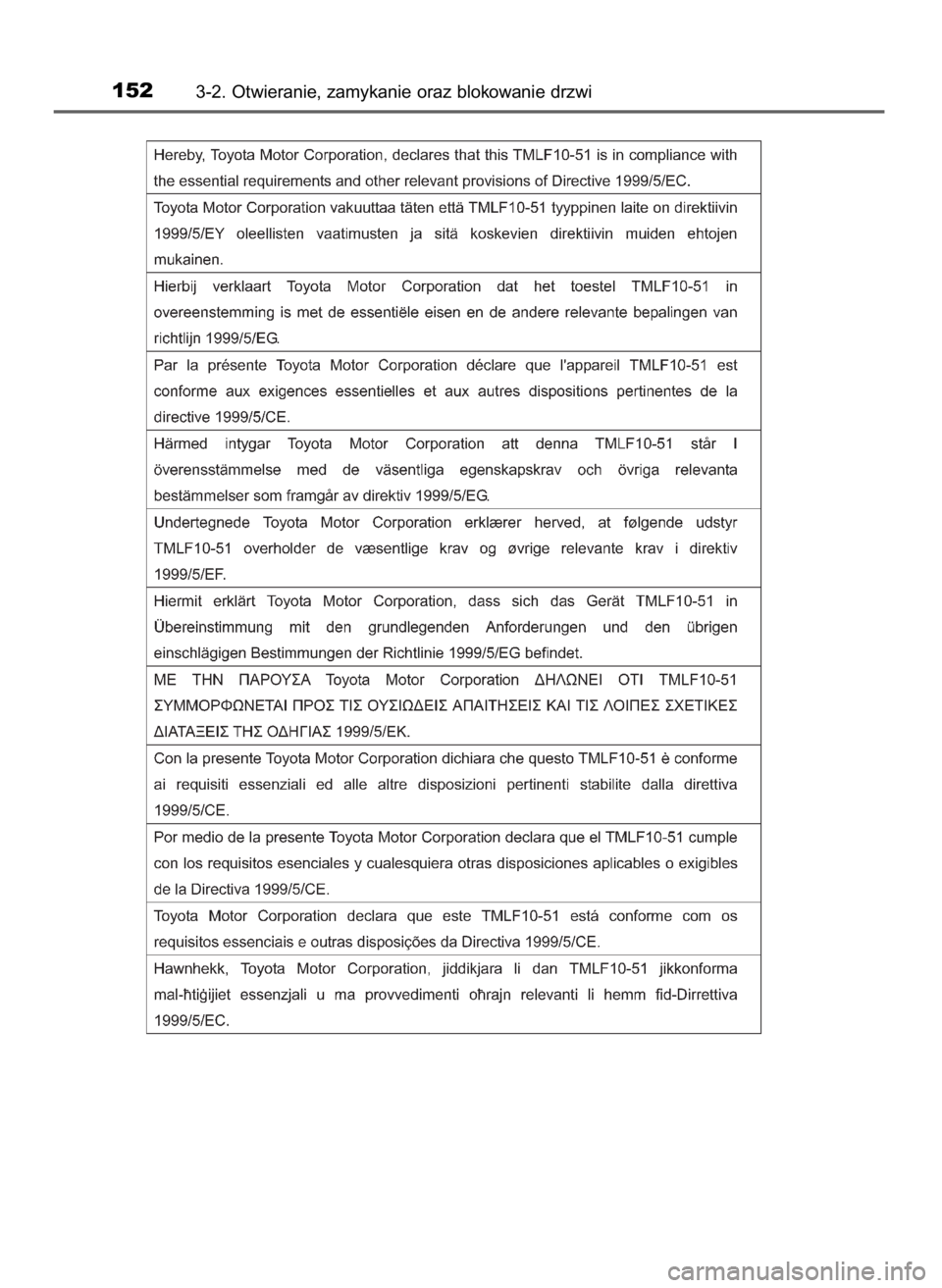 TOYOTA AURIS TOURING SPORTS 2015  Instrukcja obsługi (in Polish) 1523-2. Otwieranie, zamykanie oraz blokowanie drzwi
16 IO AURIS TS OM12J31E  28/5/15  12:27  Page 152    (Black plate) 