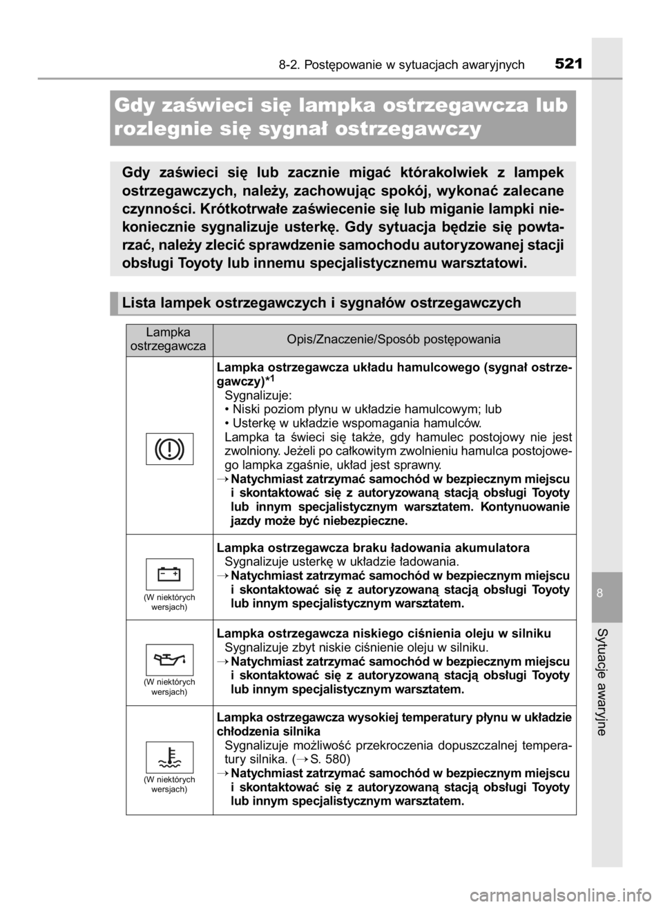 TOYOTA AURIS TOURING SPORTS 2015  Instrukcja obsługi (in Polish) 8-2. Post´powanie w sytuacjach awaryjnych521
8
Sytuacje awaryjne
Lampka ostrzegawcza uk∏adu hamulcowego (sygna∏ ostrze-
gawczy)*1
Sygnalizuje:
• Niski poziom p∏ynu w uk∏adzie hamulcowym; lu