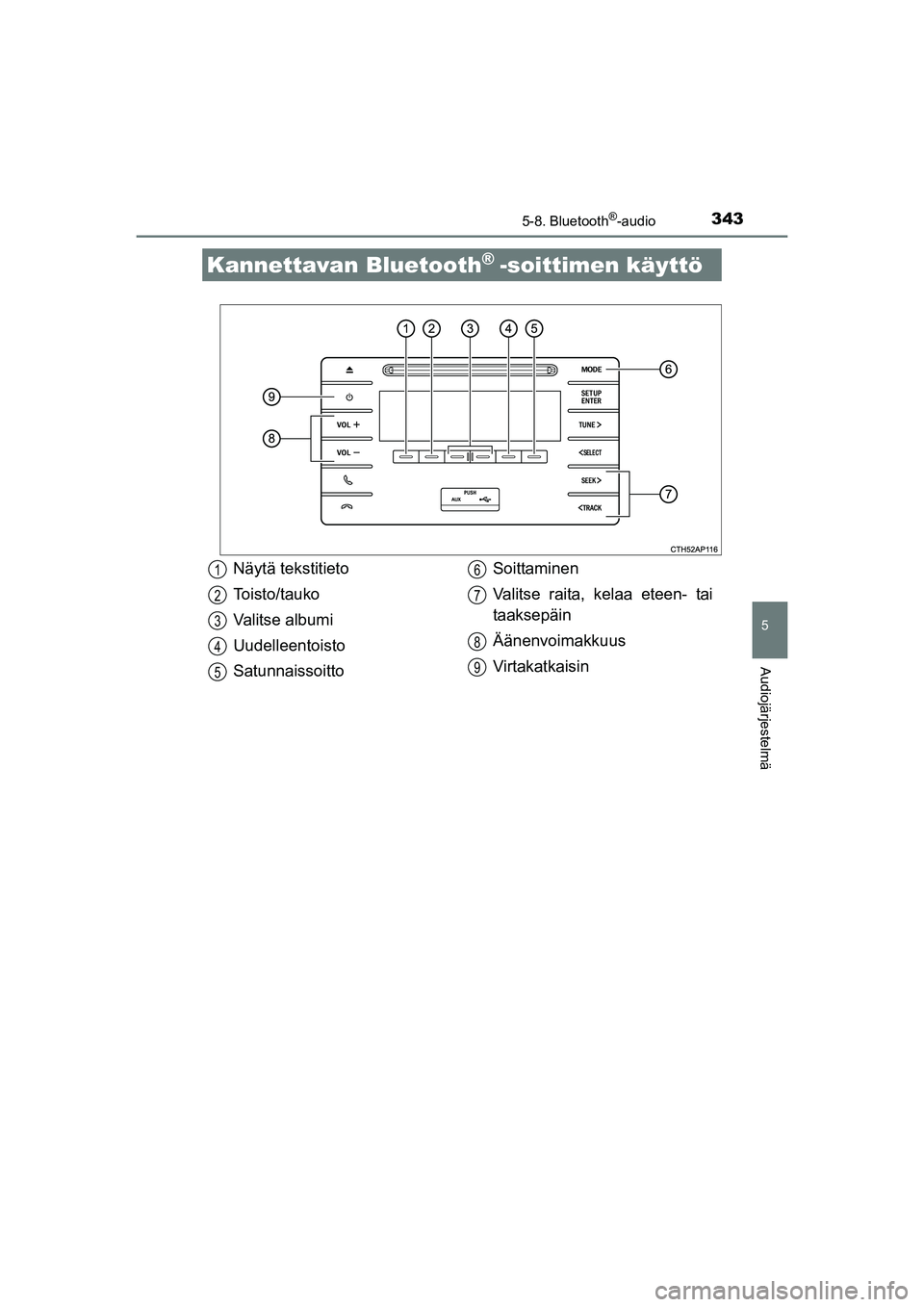 TOYOTA AURIS TOURING SPORTS 2015  Omistajan Käsikirja (in Finnish) 343
OM12J31FI
5
Audiojärjestelmä
5-8. Bluetooth®-audio
Kannettavan Bluetooth® -soittimen käyttö
Näytä tekstitieto
Toisto/tauko
Valitse albumi
Uudelleentoisto
SatunnaissoittoSoittaminen
Valitse