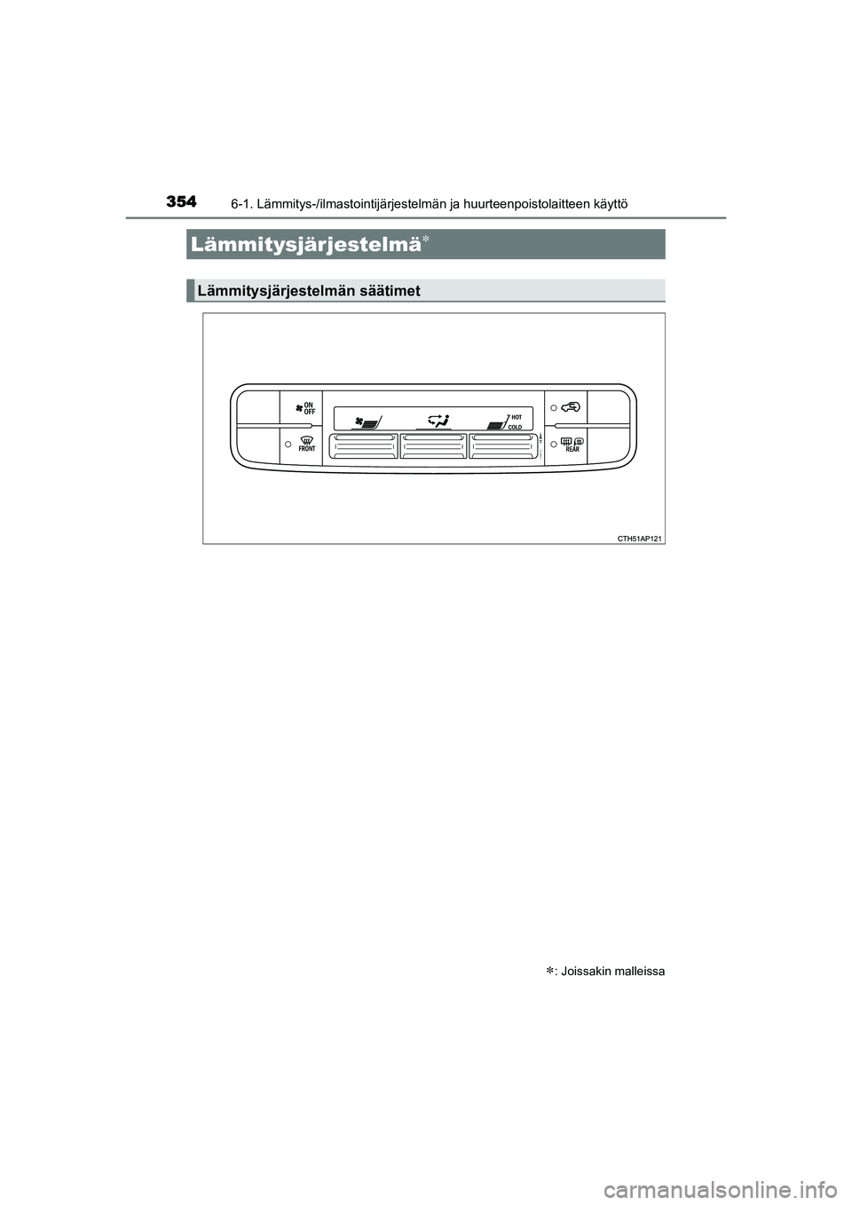 TOYOTA AURIS TOURING SPORTS 2015  Omistajan Käsikirja (in Finnish) 354
OM12J31FI
6-1. Lämmitys-/ilmastointijärjestelmän ja huurteenpoistolaitteen käyttö
Lämmitysjärjestelmä
: Joissakin malleissa
Lämmitysjärjestelmän säätimet
OM12J31FI.book  Page 35