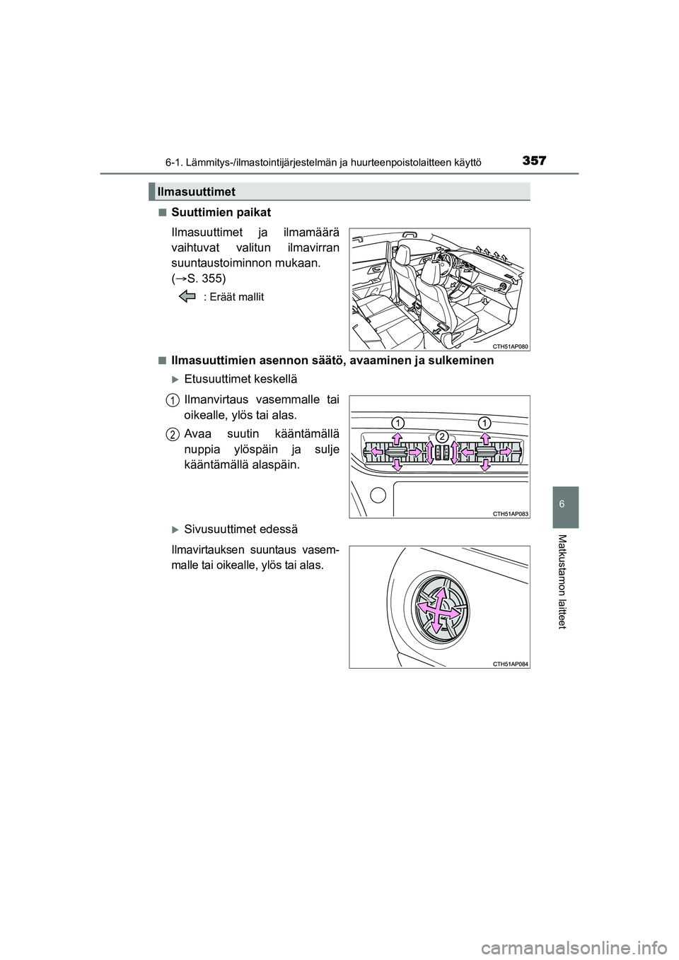 TOYOTA AURIS TOURING SPORTS 2015  Omistajan Käsikirja (in Finnish) 3576-1. Lämmitys-/ilmastointijärjestelmän ja huurteenpoistolaitteen käyttö
OM12J31FI
6
Matkustamon laitteet
nSuuttimien paikat
Ilmasuuttimet ja ilmamäärä
vaihtuvat valitun ilmavirran
suuntaust