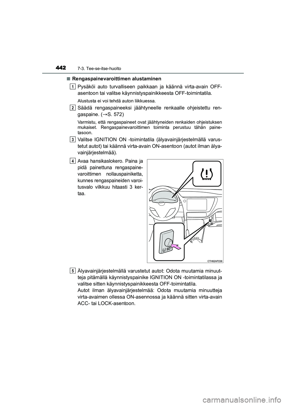 TOYOTA AURIS TOURING SPORTS 2015 Omistajan Käsikirja (in Finnish) 4427-3. Tee-se-itse-huolto
OM12J31FIn
Rengaspainevaroitti
men alustaminen
Pysäköi auto turvalliseen paikkaan ja käännä virta-avain OFF-
asentoon tai valitse käynnistyspainikkeesta OFF-toimintati TOYOTA AURIS TOURING SPORTS 2015 Omistajan Käsikirja (in Finnish) 4427-3. Tee-se-itse-huolto
OM12J31FIn
Rengaspainevaroitti
men alustaminen
Pysäköi auto turvalliseen paikkaan ja käännä virta-avain OFF-
asentoon tai valitse käynnistyspainikkeesta OFF-toimintati