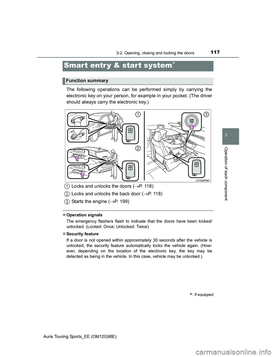 TOYOTA AURIS TOURING SPORTS 2014 Owners Manual 117
Auris Touring Sports_EE (OM12G98E)
3
Operation of each component
3-2. Opening, closing and locking the doors
The following operations can be performed simply by carrying the
electronic key on your TOYOTA AURIS TOURING SPORTS 2014 Owners Manual 117
Auris Touring Sports_EE (OM12G98E)
3
Operation of each component
3-2. Opening, closing and locking the doors
The following operations can be performed simply by carrying the
electronic key on your