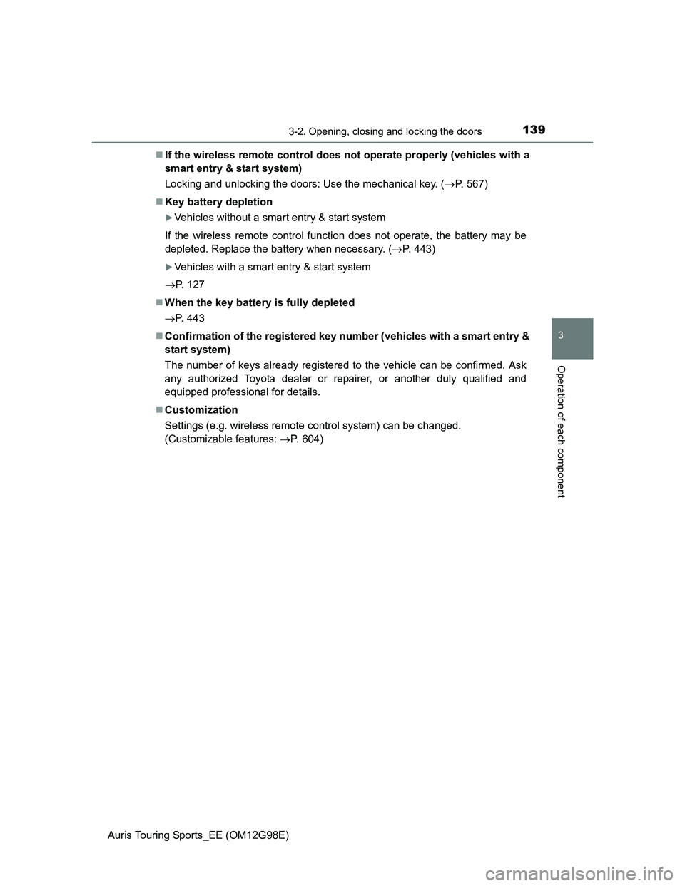 TOYOTA AURIS TOURING SPORTS 2014  Owners Manual 1393-2. Opening, closing and locking the doors
Auris Touring Sports_EE (OM12G98E)
3
Operation of each component
If the wireless remote control does not operate properly (vehicles with a
smart entry