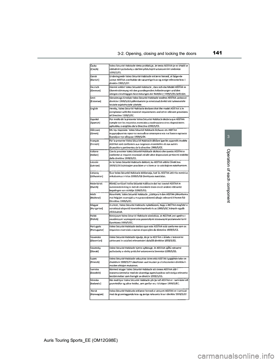 TOYOTA AURIS TOURING SPORTS 2014  Owners Manual 1413-2. Opening, closing and locking the doors
Auris Touring Sports_EE (OM12G98E)
3
Operation of each component 