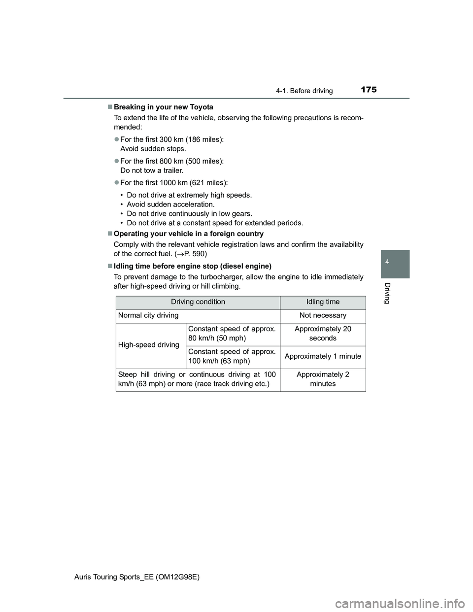 TOYOTA AURIS TOURING SPORTS 2014  Owners Manual 1754-1. Before driving
Auris Touring Sports_EE (OM12G98E)
4
Driving
Breaking in your new Toyota
To extend the life of the vehicle, observing the following precautions is recom-
mended:
For the f