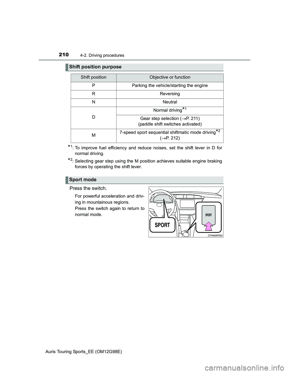 TOYOTA AURIS TOURING SPORTS 2014 Owners Manual 2104-2. Driving procedures
Auris Touring Sports_EE (OM12G98E)
*1: To improve fuel efficiency and reduce noises, set the shift lever in D for
normal driving.
*2: Selecting gear step using the M positio TOYOTA AURIS TOURING SPORTS 2014 Owners Manual 2104-2. Driving procedures
Auris Touring Sports_EE (OM12G98E)
*1: To improve fuel efficiency and reduce noises, set the shift lever in D for
normal driving.
*2: Selecting gear step using the M positio