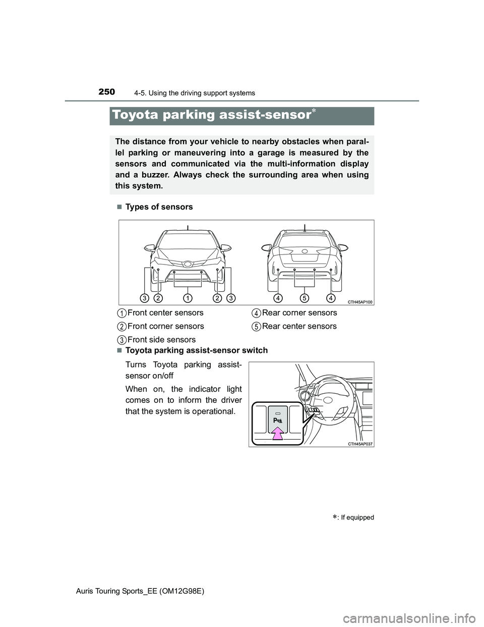 TOYOTA AURIS TOURING SPORTS 2014 Owners Manual 2504-5. Using the driving support systems
Auris Touring Sports_EE (OM12G98E)
Types of sensors
Toyota parking assist-sensor switch
Turns Toyota parking assist-
sensor on/off
When on, the indicato TOYOTA AURIS TOURING SPORTS 2014 Owners Manual 2504-5. Using the driving support systems
Auris Touring Sports_EE (OM12G98E)
Types of sensors
Toyota parking assist-sensor switch
Turns Toyota parking assist-
sensor on/off
When on, the indicato