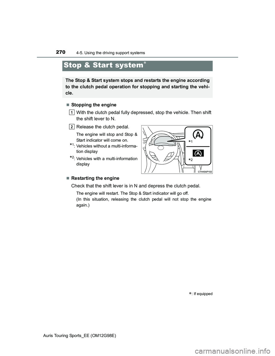 TOYOTA AURIS TOURING SPORTS 2014 Owners Manual 2704-5. Using the driving support systems
Auris Touring Sports_EE (OM12G98E)
Stopping the engine
With the clutch pedal fully depressed, stop the vehicle. Then shift
the shift lever to N.
Release th TOYOTA AURIS TOURING SPORTS 2014 Owners Manual 2704-5. Using the driving support systems
Auris Touring Sports_EE (OM12G98E)
Stopping the engine
With the clutch pedal fully depressed, stop the vehicle. Then shift
the shift lever to N.
Release th