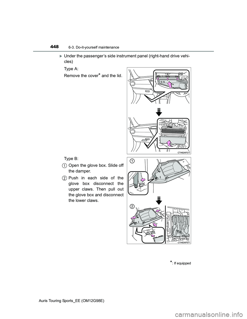 TOYOTA AURIS TOURING SPORTS 2014  Owners Manual 4486-3. Do-it-yourself maintenance
Auris Touring Sports_EE (OM12G98E)
Under the passenger’s side instrument panel (right-hand drive vehi-
cles)
Ty p e  A :
Remove the cover
* and the lid.
Ty p e 