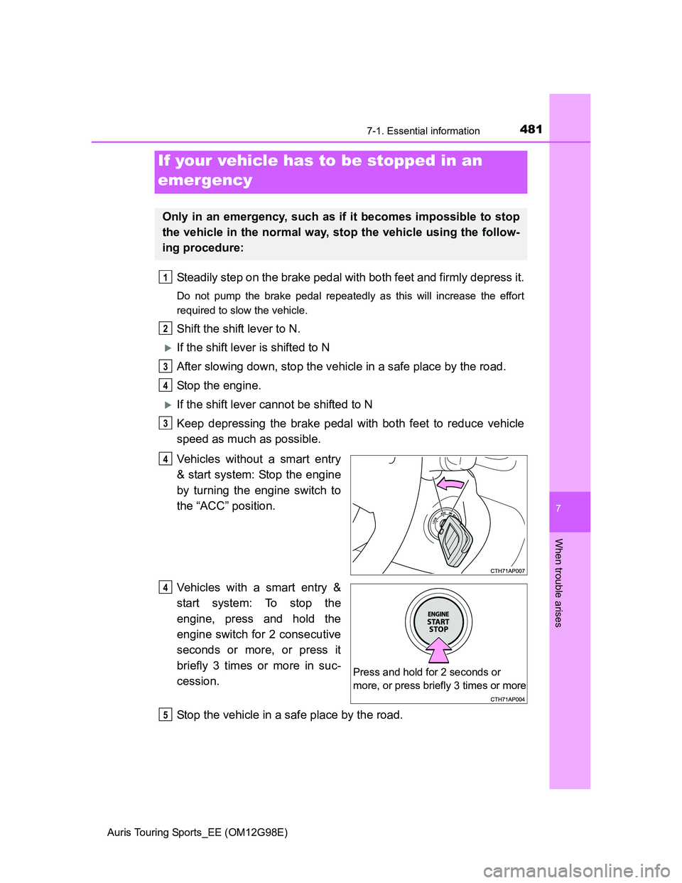 TOYOTA AURIS TOURING SPORTS 2014 Owners Manual 4817-1. Essential information
Auris Touring Sports_EE (OM12G98E)
7
When trouble arises
Steadily step on the brake pedal with both feet and firmly depress it.
Do not pump the brake pedal repeatedly as TOYOTA AURIS TOURING SPORTS 2014 Owners Manual 4817-1. Essential information
Auris Touring Sports_EE (OM12G98E)
7
When trouble arises
Steadily step on the brake pedal with both feet and firmly depress it.
Do not pump the brake pedal repeatedly as
