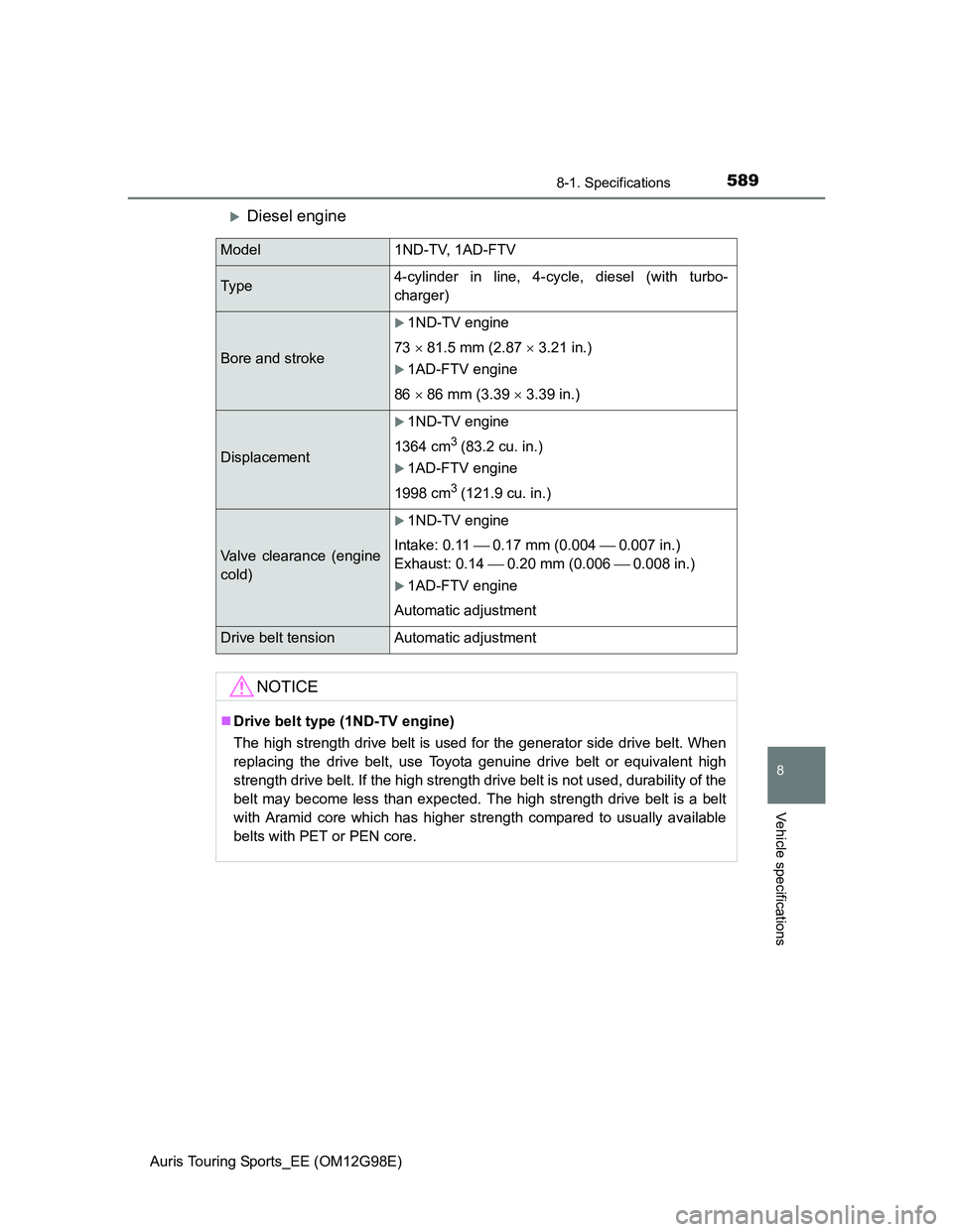 TOYOTA AURIS TOURING SPORTS 2014 Owners Manual 5898-1. Specifications
Auris Touring Sports_EE (OM12G98E)
8
Vehicle specifications
Diesel engine
Model 1ND-TV, 1AD-FTV
Ty p e4-cylinder in line, 4-cycle, diesel (with turbo-
charger)
Bore and strok TOYOTA AURIS TOURING SPORTS 2014 Owners Manual 5898-1. Specifications
Auris Touring Sports_EE (OM12G98E)
8
Vehicle specifications
Diesel engine
Model 1ND-TV, 1AD-FTV
Ty p e4-cylinder in line, 4-cycle, diesel (with turbo-
charger)
Bore and strok