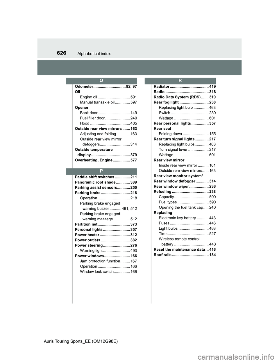 TOYOTA AURIS TOURING SPORTS 2014 Owners Manual 626Alphabetical index
Auris Touring Sports_EE (OM12G98E)
Odometer .............................. 92, 97
Oil
Engine oil .............................. 591
Manual transaxle oil .............. 597
Opener TOYOTA AURIS TOURING SPORTS 2014 Owners Manual 626Alphabetical index
Auris Touring Sports_EE (OM12G98E)
Odometer .............................. 92, 97
Oil
Engine oil .............................. 591
Manual transaxle oil .............. 597
Opener