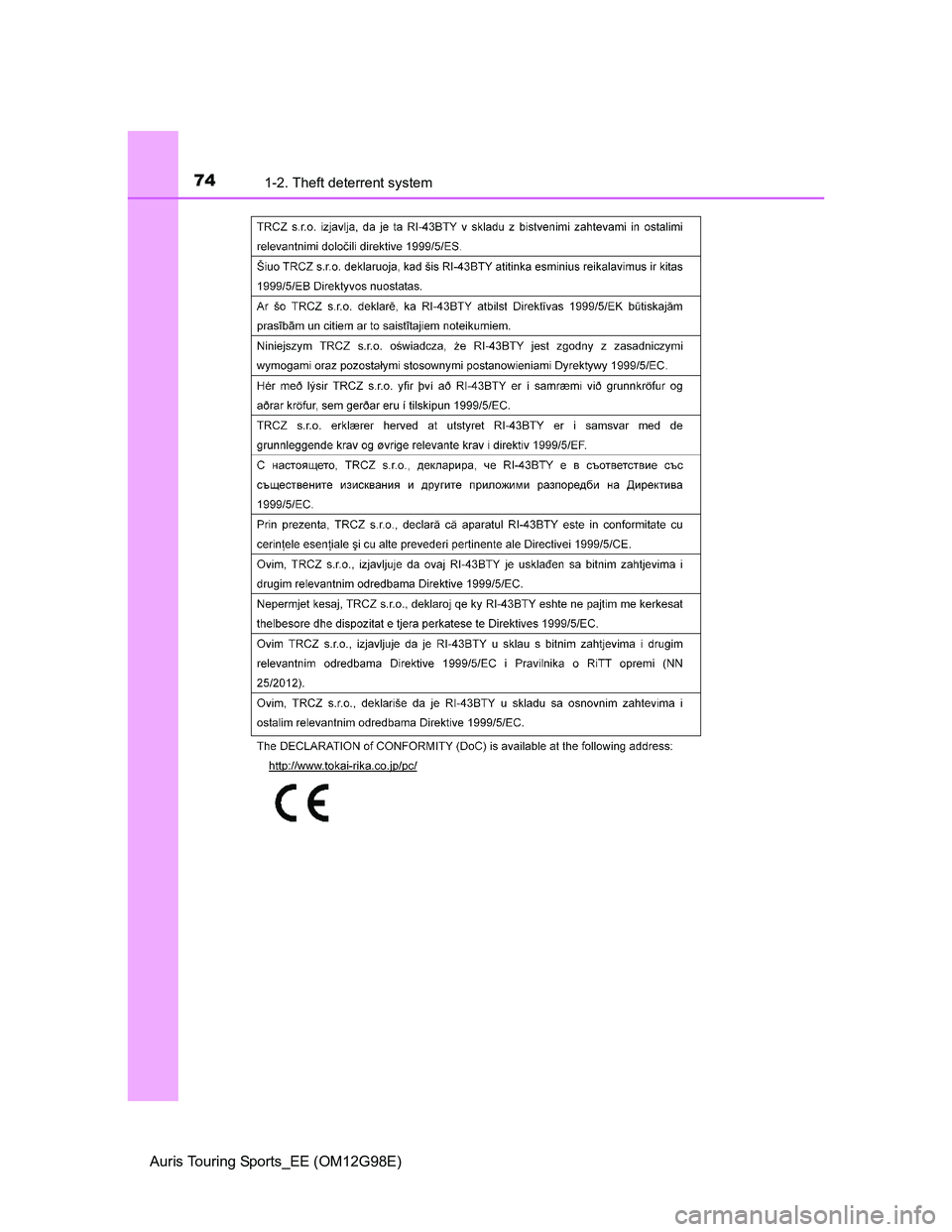 TOYOTA AURIS TOURING SPORTS 2014 Manual PDF 741-2. Theft deterrent system
Auris Touring Sports_EE (OM12G98E) 