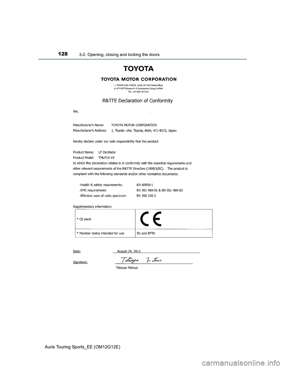 TOYOTA AURIS TOURING SPORTS 2013  Owners Manual 1283-2. Opening, closing and locking the doors
Auris Touring Sports_EE (OM12G12E) 
