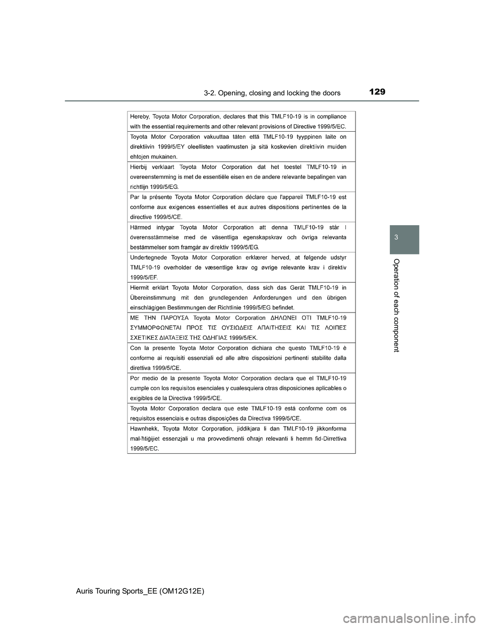 TOYOTA AURIS TOURING SPORTS 2013  Owners Manual 1293-2. Opening, closing and locking the doors
Auris Touring Sports_EE (OM12G12E)
3
Operation of each component 