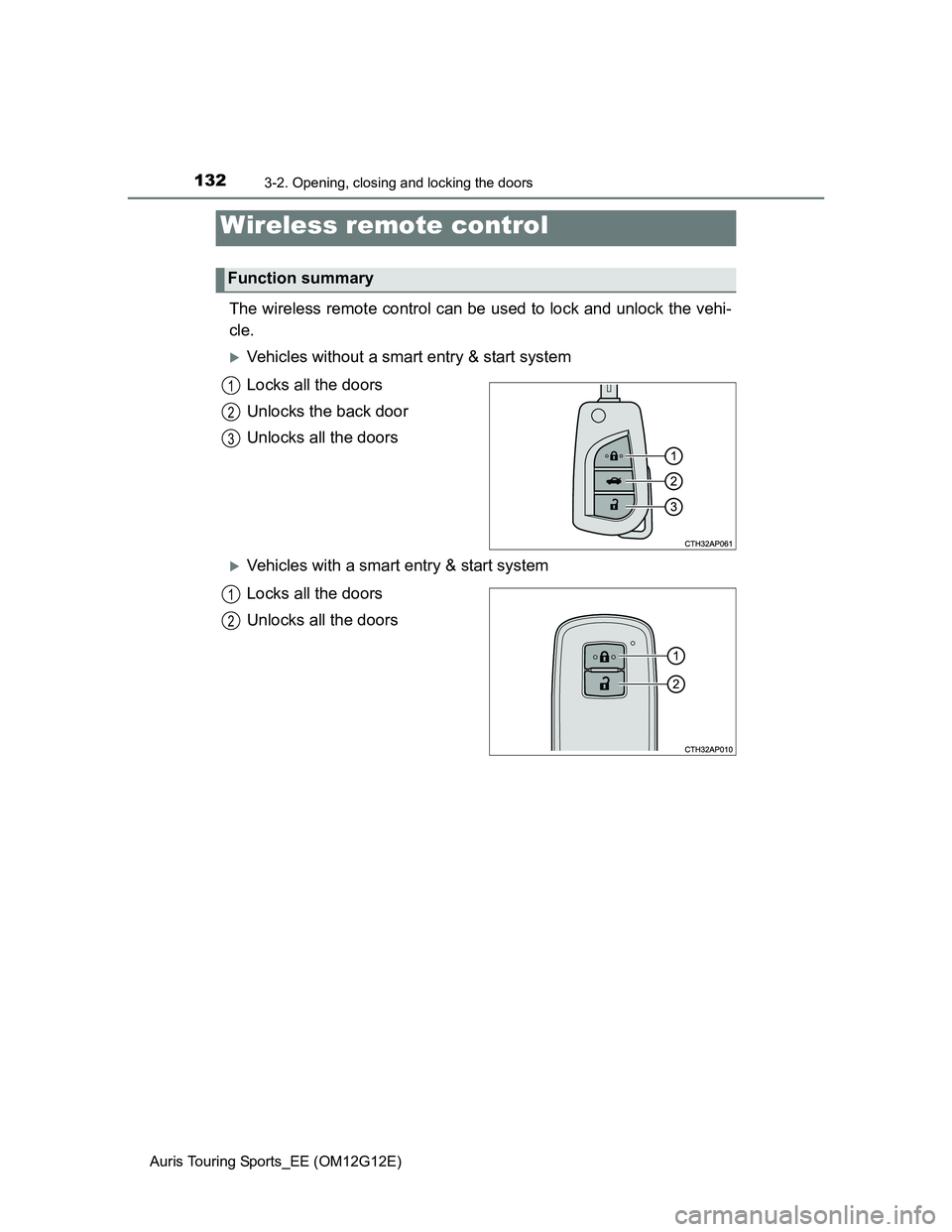 TOYOTA AURIS TOURING SPORTS 2013  Owners Manual 1323-2. Opening, closing and locking the doors
Auris Touring Sports_EE (OM12G12E)
The wireless remote control can be used to lock and unlock the vehi-
cle.
Vehicles without a smart entry & start sy