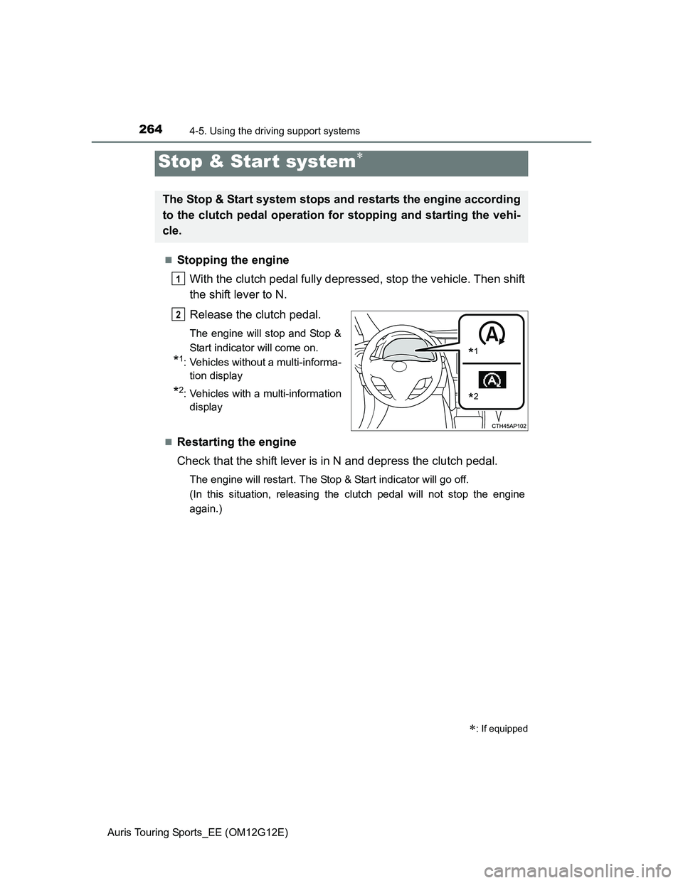 TOYOTA AURIS TOURING SPORTS 2013 Owners Manual 2644-5. Using the driving support systems
Auris Touring Sports_EE (OM12G12E)
Stopping the engine
With the clutch pedal fully depressed, stop the vehicle. Then shift
the shift lever to N.
Release th TOYOTA AURIS TOURING SPORTS 2013 Owners Manual 2644-5. Using the driving support systems
Auris Touring Sports_EE (OM12G12E)
Stopping the engine
With the clutch pedal fully depressed, stop the vehicle. Then shift
the shift lever to N.
Release th