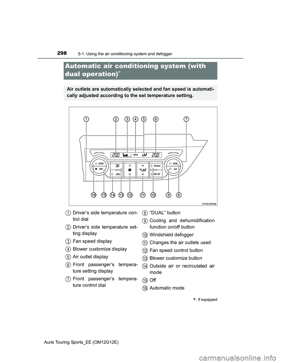 TOYOTA AURIS TOURING SPORTS 2013 Owners Manual 2985-1. Using the air conditioning system and defogger
Auris Touring Sports_EE (OM12G12E)
Automatic air conditioning system (with
dual operation)
: If equipped
Air outlets are automatically se TOYOTA AURIS TOURING SPORTS 2013 Owners Manual 2985-1. Using the air conditioning system and defogger
Auris Touring Sports_EE (OM12G12E)
Automatic air conditioning system (with
dual operation)
: If equipped
Air outlets are automatically se
