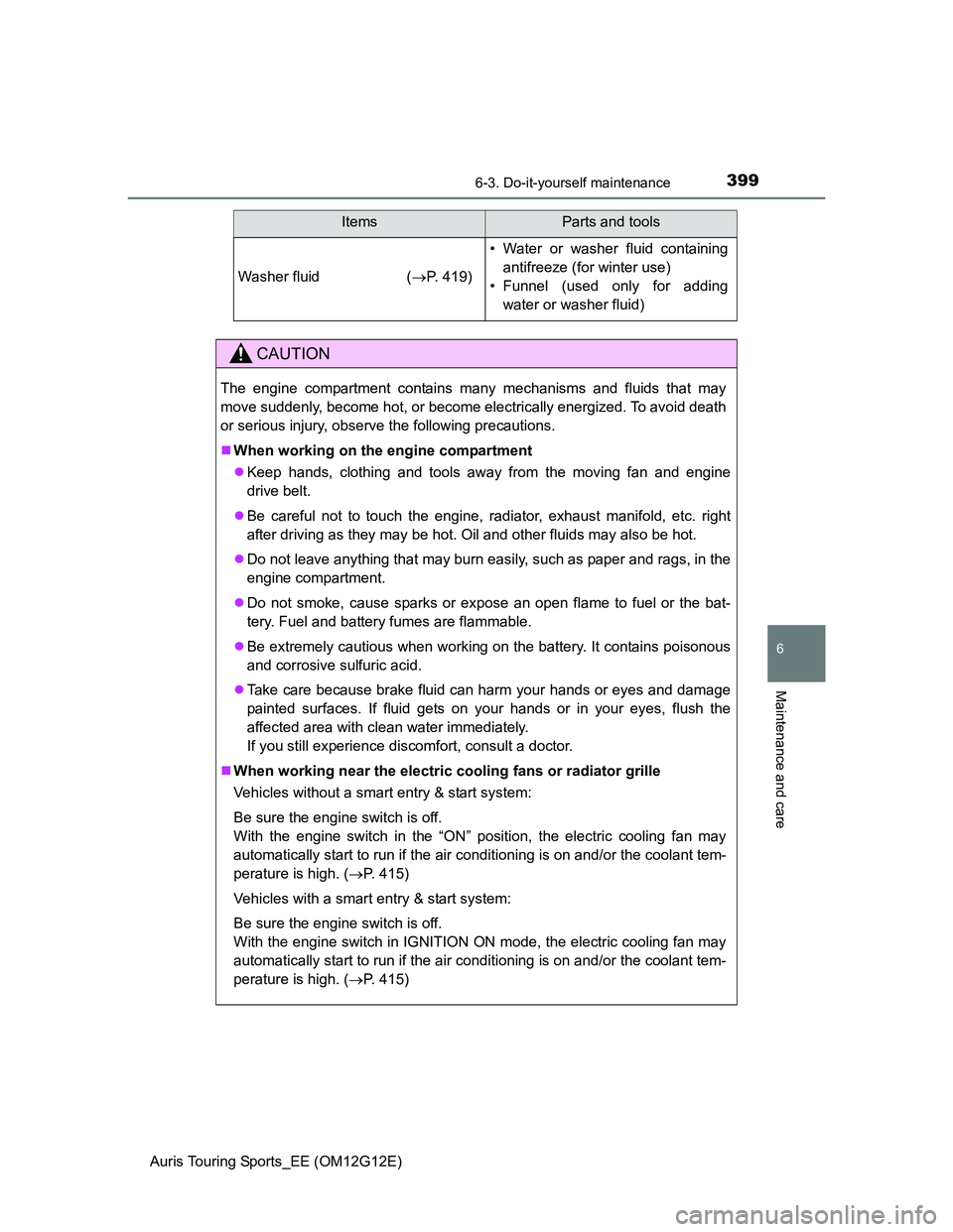 TOYOTA AURIS TOURING SPORTS 2013 Owners Manual 3996-3. Do-it-yourself maintenance
Auris Touring Sports_EE (OM12G12E)
6
Maintenance and care
Washer fluid (P. 419)
• Water or washer fluid containing
antifreeze (for winter use)
• Funnel (used TOYOTA AURIS TOURING SPORTS 2013 Owners Manual 3996-3. Do-it-yourself maintenance
Auris Touring Sports_EE (OM12G12E)
6
Maintenance and care
Washer fluid (P. 419)
• Water or washer fluid containing
antifreeze (for winter use)
• Funnel (used