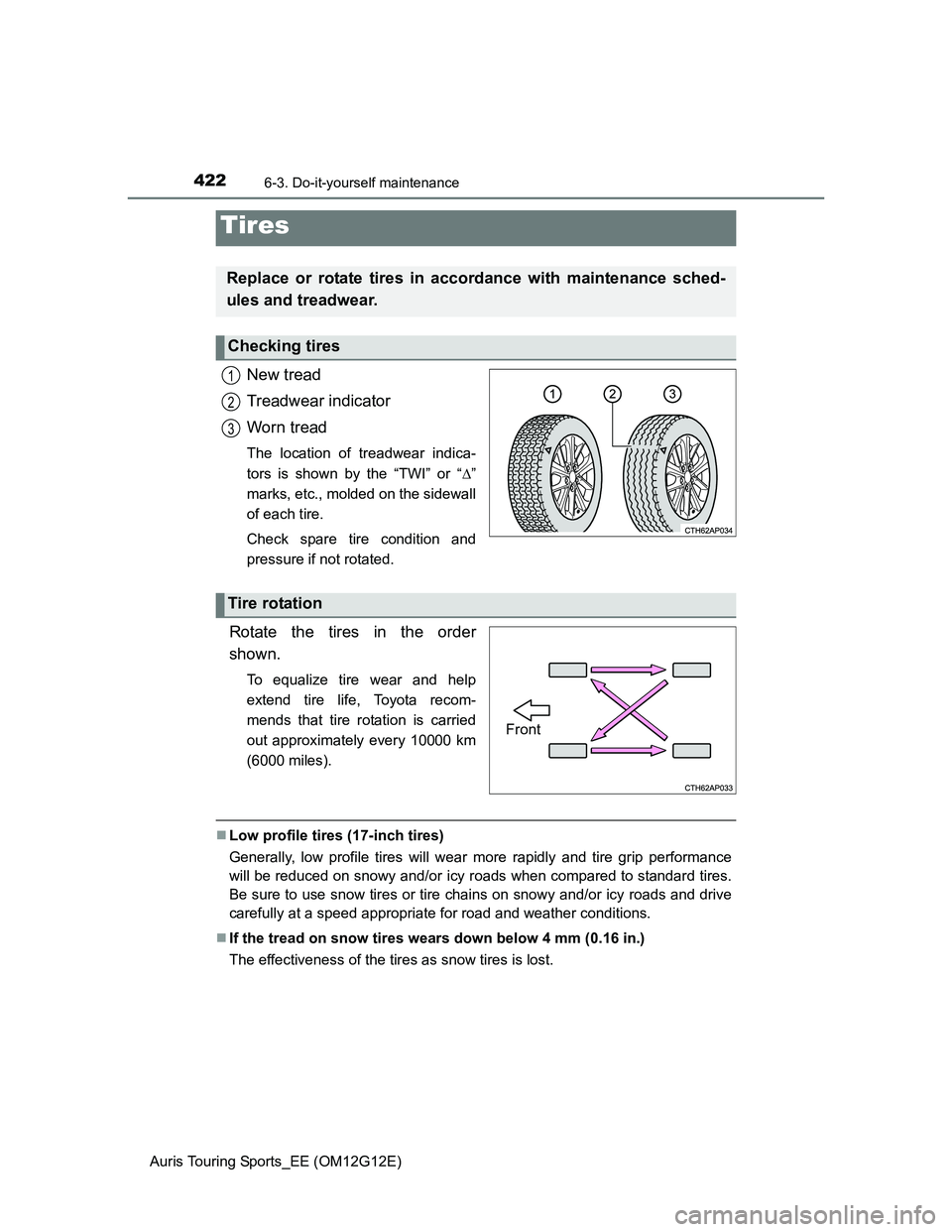 TOYOTA AURIS TOURING SPORTS 2013 Owners Manual 4226-3. Do-it-yourself maintenance
Auris Touring Sports_EE (OM12G12E)
New tread
Treadwear indicator
Worn tread
The location of treadwear indica-
tors is shown by the “TWI” or “”
marks, etc. TOYOTA AURIS TOURING SPORTS 2013 Owners Manual 4226-3. Do-it-yourself maintenance
Auris Touring Sports_EE (OM12G12E)
New tread
Treadwear indicator
Worn tread
The location of treadwear indica-
tors is shown by the “TWI” or “”
marks, etc.