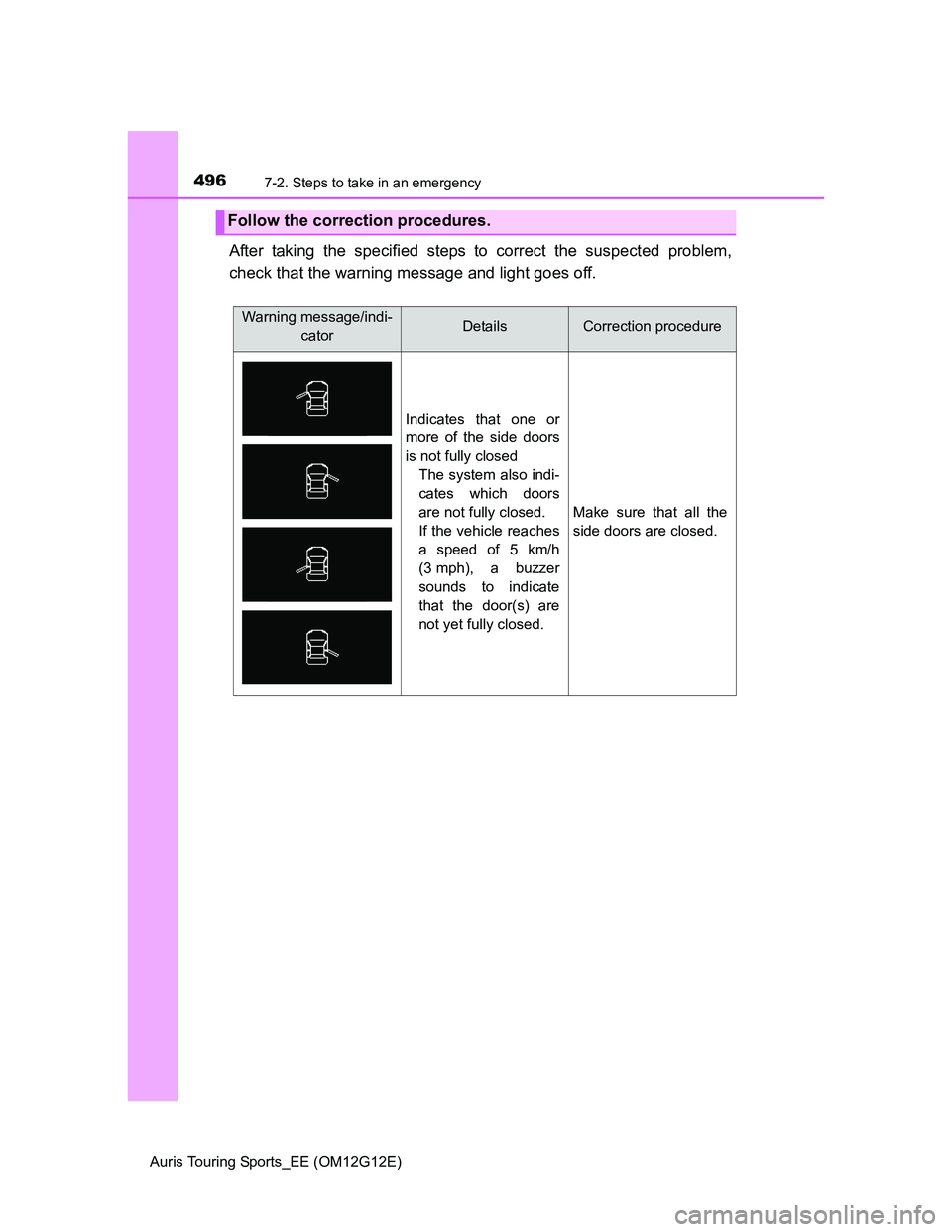 TOYOTA AURIS TOURING SPORTS 2013  Owners Manual 4967-2. Steps to take in an emergency
Auris Touring Sports_EE (OM12G12E)
After taking the specified steps to correct the suspected problem,
check that the warning message and light goes off.
Follow th