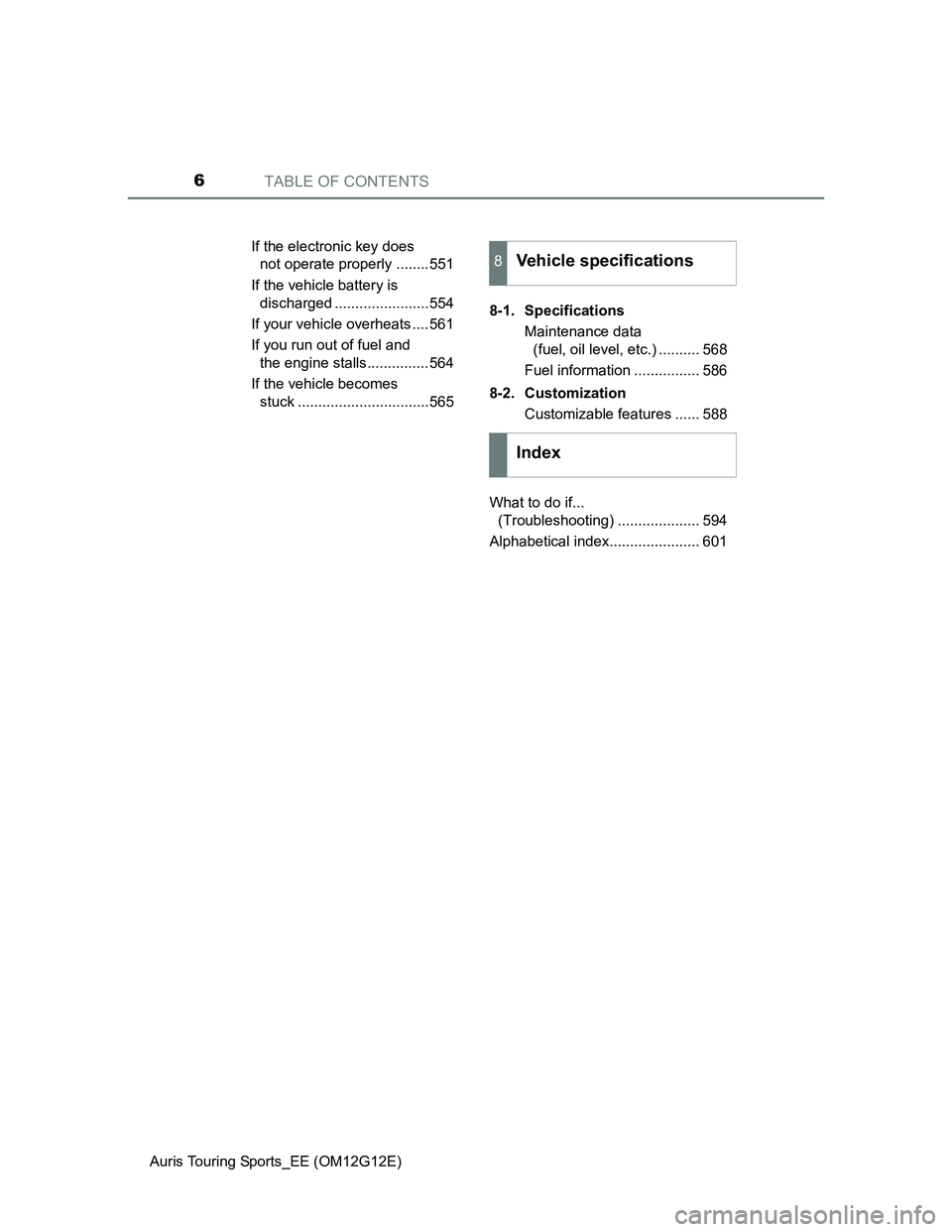 TOYOTA AURIS TOURING SPORTS 2013  Owners Manual TABLE OF CONTENTS6
Auris Touring Sports_EE (OM12G12E)If the electronic key does 
not operate properly ........551
If the vehicle battery is 
discharged .......................554
If your vehicle overh