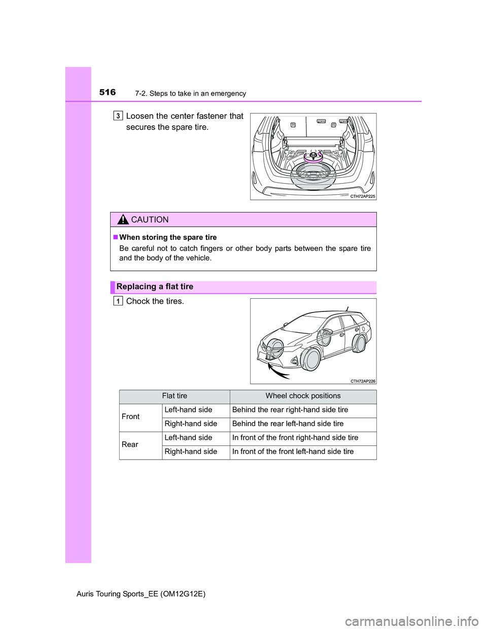 TOYOTA AURIS TOURING SPORTS 2013 Owners Manual 5167-2. Steps to take in an emergency
Auris Touring Sports_EE (OM12G12E)
Loosen the center fastener that
secures the spare tire.
Chock the tires.3
CAUTION
When storing the spare tire
Be careful not TOYOTA AURIS TOURING SPORTS 2013 Owners Manual 5167-2. Steps to take in an emergency
Auris Touring Sports_EE (OM12G12E)
Loosen the center fastener that
secures the spare tire.
Chock the tires.3
CAUTION
When storing the spare tire
Be careful not
