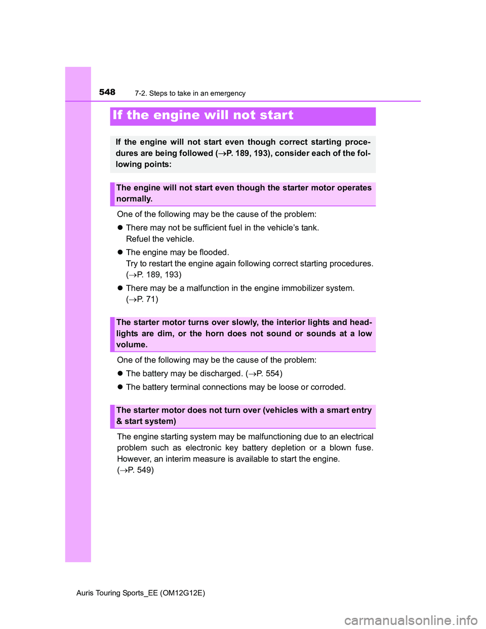 TOYOTA AURIS TOURING SPORTS 2013 Owners Manual 5487-2. Steps to take in an emergency
Auris Touring Sports_EE (OM12G12E)
One of the following may be the cause of the problem:
There may not be sufficient fuel in the vehicle’s tank.
Refuel the TOYOTA AURIS TOURING SPORTS 2013 Owners Manual 5487-2. Steps to take in an emergency
Auris Touring Sports_EE (OM12G12E)
One of the following may be the cause of the problem:
There may not be sufficient fuel in the vehicle’s tank.
Refuel the