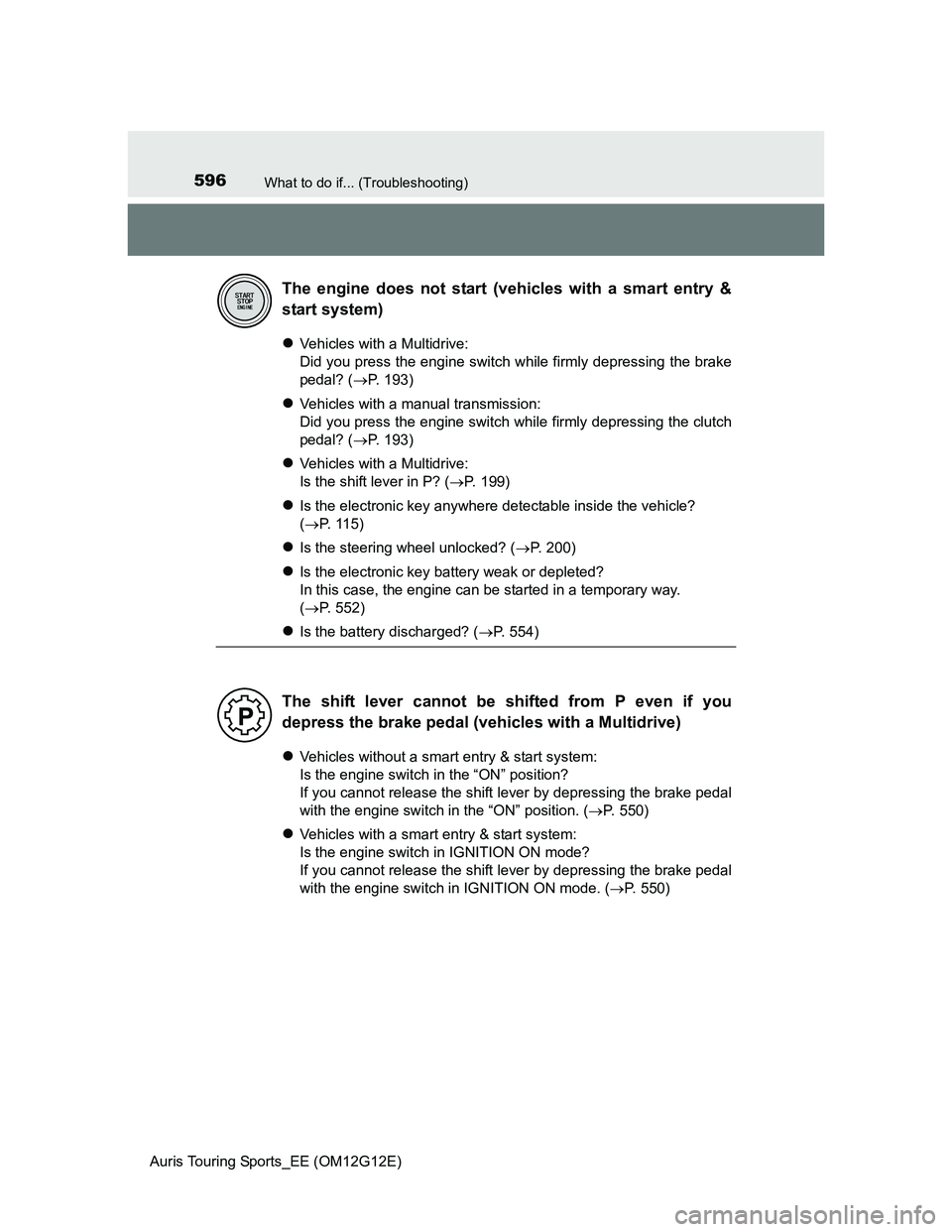 TOYOTA AURIS TOURING SPORTS 2013 Owners Manual 596What to do if... (Troubleshooting)
Auris Touring Sports_EE (OM12G12E)
Vehicles with a Multidrive:
Did you press the engine switch while firmly depressing the brake
pedal? (P. 193)
Vehicle TOYOTA AURIS TOURING SPORTS 2013 Owners Manual 596What to do if... (Troubleshooting)
Auris Touring Sports_EE (OM12G12E)
Vehicles with a Multidrive:
Did you press the engine switch while firmly depressing the brake
pedal? (P. 193)
Vehicle