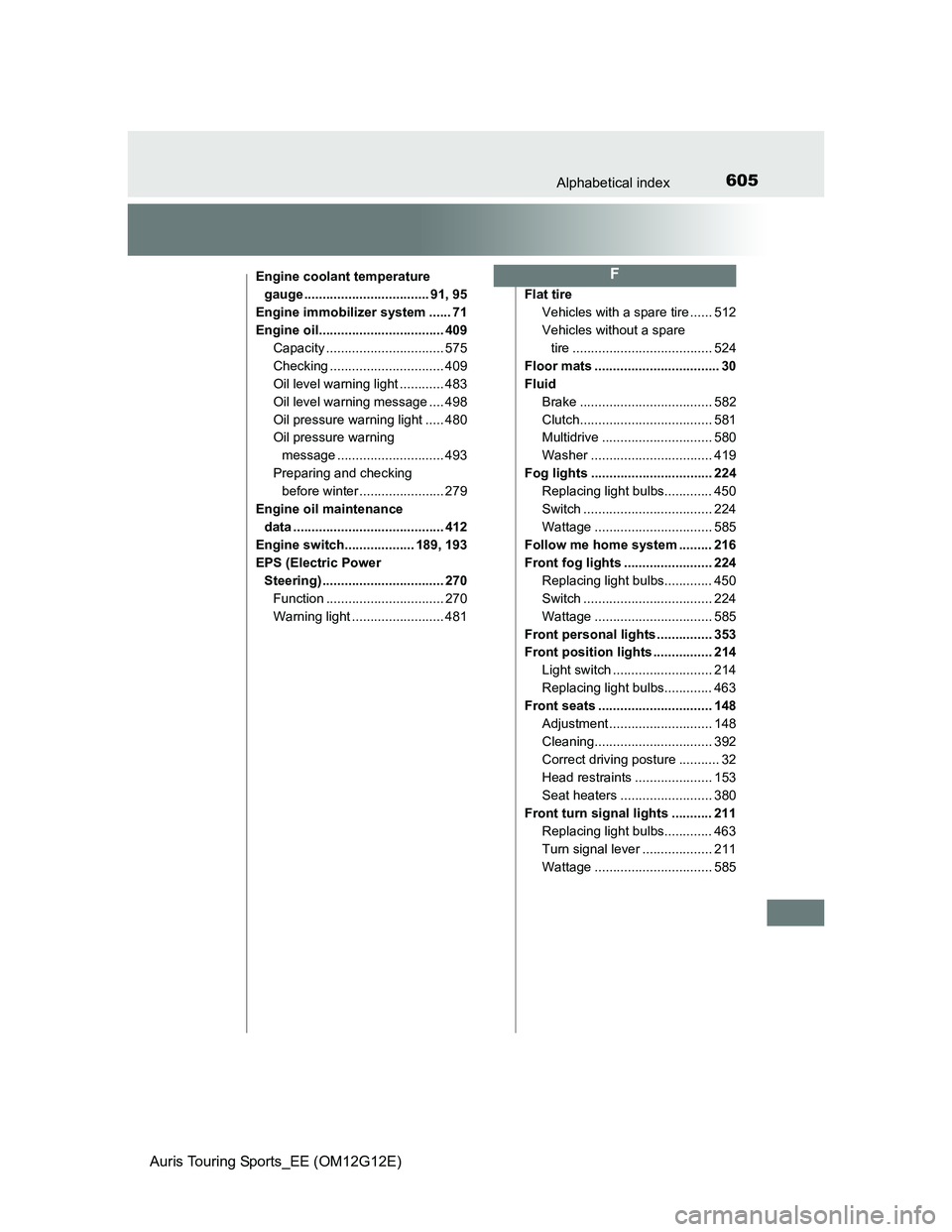 TOYOTA AURIS TOURING SPORTS 2013 Owners Manual 605Alphabetical index
Auris Touring Sports_EE (OM12G12E)
Engine coolant temperature
gauge .................................. 91, 95
Engine immobilizer system ...... 71
Engine oil..................... TOYOTA AURIS TOURING SPORTS 2013 Owners Manual 605Alphabetical index
Auris Touring Sports_EE (OM12G12E)
Engine coolant temperature
gauge .................................. 91, 95
Engine immobilizer system ...... 71
Engine oil.....................