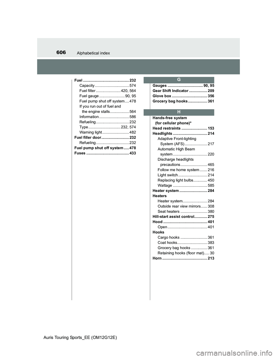 TOYOTA AURIS TOURING SPORTS 2013 Owners Manual 606Alphabetical index
Auris Touring Sports_EE (OM12G12E)
Fuel ........................................... 232
Capacity ................................ 574
Fuel filter ....................... 420, 564 TOYOTA AURIS TOURING SPORTS 2013 Owners Manual 606Alphabetical index
Auris Touring Sports_EE (OM12G12E)
Fuel ........................................... 232
Capacity ................................ 574
Fuel filter ....................... 420, 564