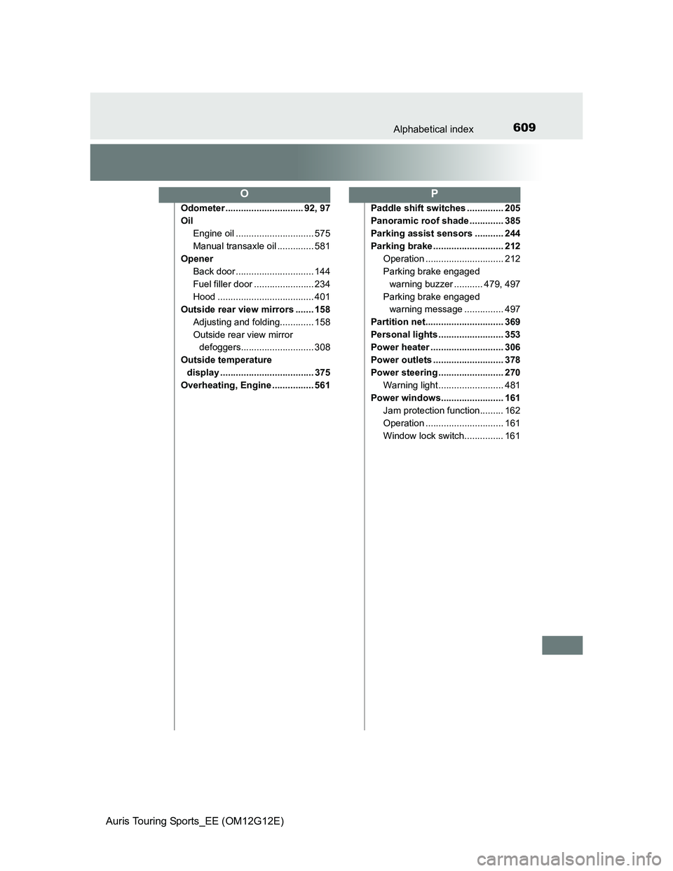 TOYOTA AURIS TOURING SPORTS 2013 Owners Manual 609Alphabetical index
Auris Touring Sports_EE (OM12G12E)
Odometer .............................. 92, 97
Oil
Engine oil .............................. 575
Manual transaxle oil .............. 581
Opener TOYOTA AURIS TOURING SPORTS 2013 Owners Manual 609Alphabetical index
Auris Touring Sports_EE (OM12G12E)
Odometer .............................. 92, 97
Oil
Engine oil .............................. 575
Manual transaxle oil .............. 581
Opener