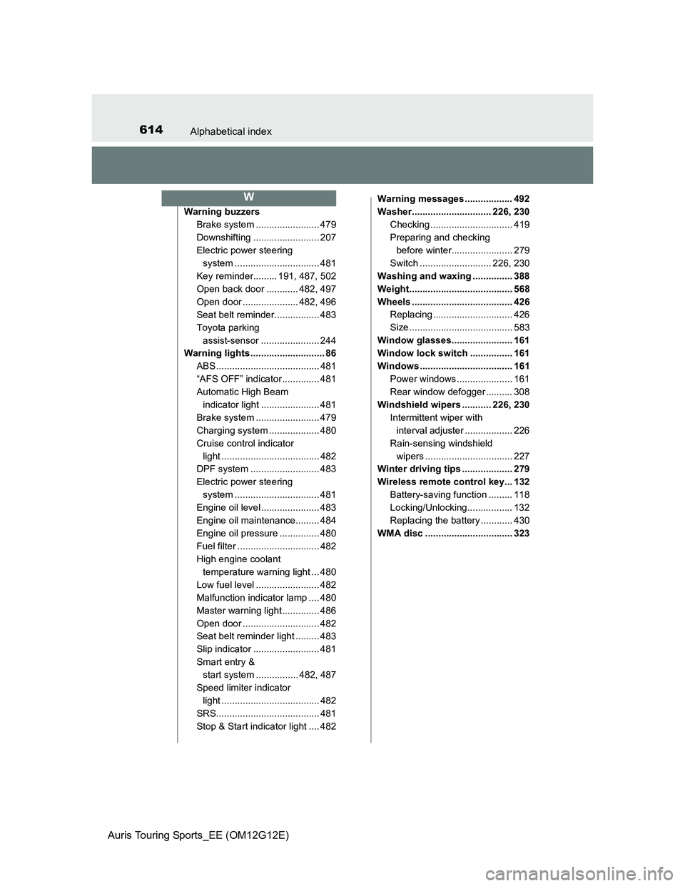 TOYOTA AURIS TOURING SPORTS 2013  Owners Manual 614Alphabetical index
Auris Touring Sports_EE (OM12G12E)
Warning buzzers
Brake system ........................ 479
Downshifting ......................... 207
Electric power steering 
system ..........
