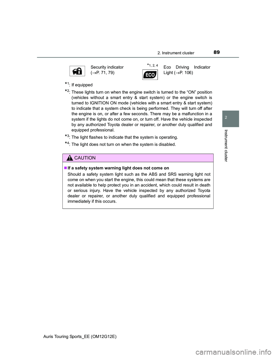 TOYOTA AURIS TOURING SPORTS 2013  Owners Manual 892. Instrument cluster
Auris Touring Sports_EE (OM12G12E)
2
Instrument cluster
*1: If equipped 
*2: These lights turn on when the engine switch is turned to the “ON” position
(vehicles without a 