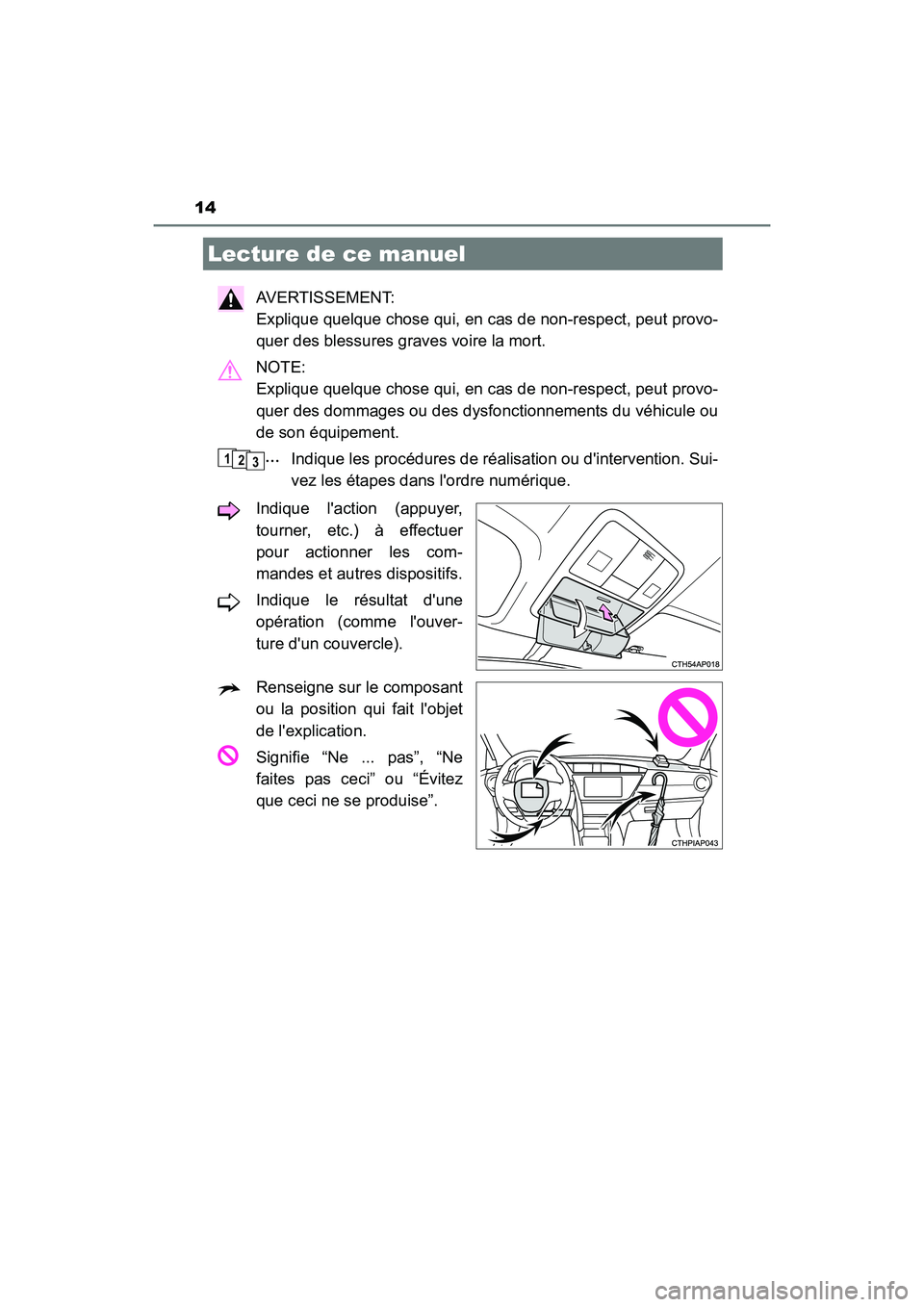 TOYOTA AVALON 2018 Manuel du propriétaire (in French) 14
AVALON (D)_(OM07010D)
AVERTISSEMENT:
Explique quelque chose qui, en cas de non-respect, peut provo-
quer des blessures graves voire la mort.
NOTE:
Explique quelque chose qui, en cas de non-respec TOYOTA AVALON 2018 Manuel du propriétaire (in French) 14
AVALON (D)_(OM07010D)
AVERTISSEMENT:
Explique quelque chose qui, en cas de non-respect, peut provo-
quer des blessures graves voire la mort.
NOTE:
Explique quelque chose qui, en cas de non-respec