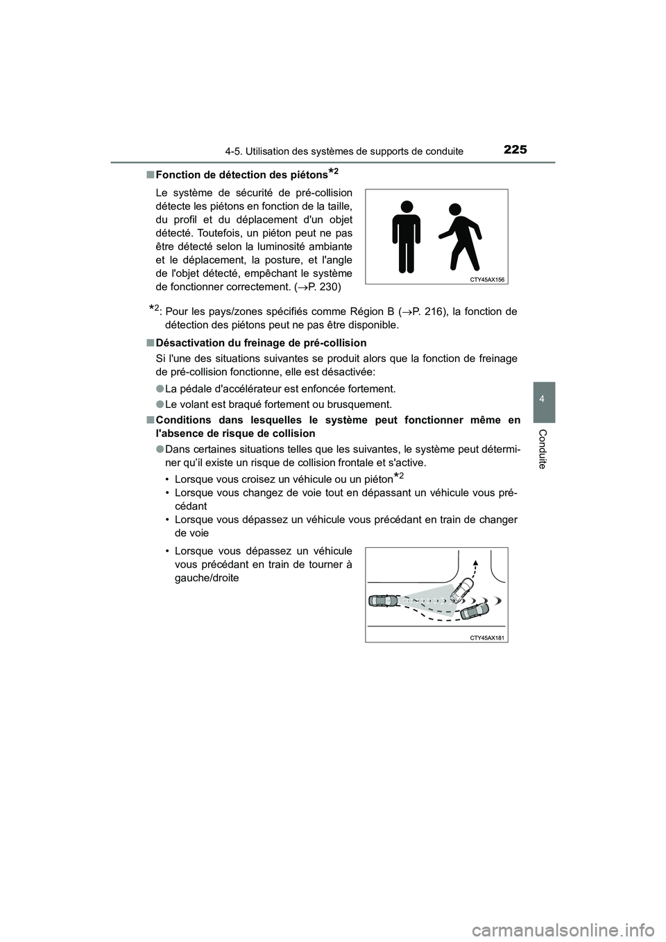 TOYOTA AVALON 2018 Manuel du propriétaire (in French) 2254-5. Utilisation des systèmes de supports de conduite
4
Conduite
AVALON (D)_(OM07010D)■
Fonction de détection des piétons
*2
*2: Pour les pays/zones spécifiés comme Région B (P. 216), la TOYOTA AVALON 2018 Manuel du propriétaire (in French) 2254-5. Utilisation des systèmes de supports de conduite
4
Conduite
AVALON (D)_(OM07010D)■
Fonction de détection des piétons
*2
*2: Pour les pays/zones spécifiés comme Région B (P. 216), la