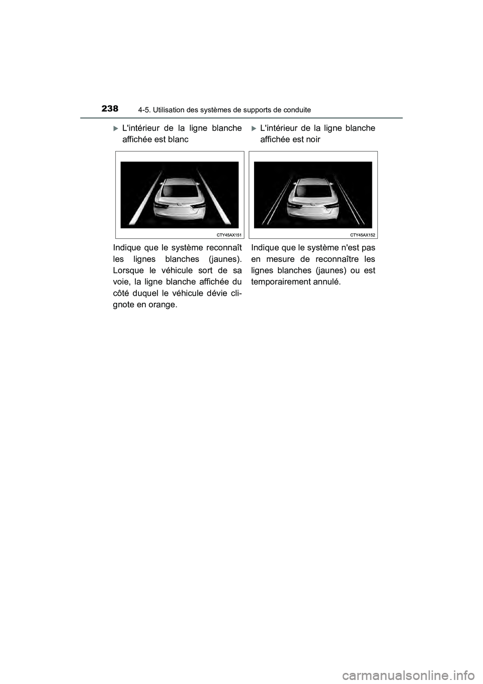 TOYOTA AVALON 2018 Manuel du propriétaire (in French) 2384-5. Utilisation des systèmes de supports de conduite
AVALON (D)_(OM07010D)
Lintérieur de la ligne blanche
affichée est blancLintérieur de la ligne blanche
affichée est noir
Indique qu TOYOTA AVALON 2018 Manuel du propriétaire (in French) 2384-5. Utilisation des systèmes de supports de conduite
AVALON (D)_(OM07010D)
Lintérieur de la ligne blanche
affichée est blancLintérieur de la ligne blanche
affichée est noir
Indique qu