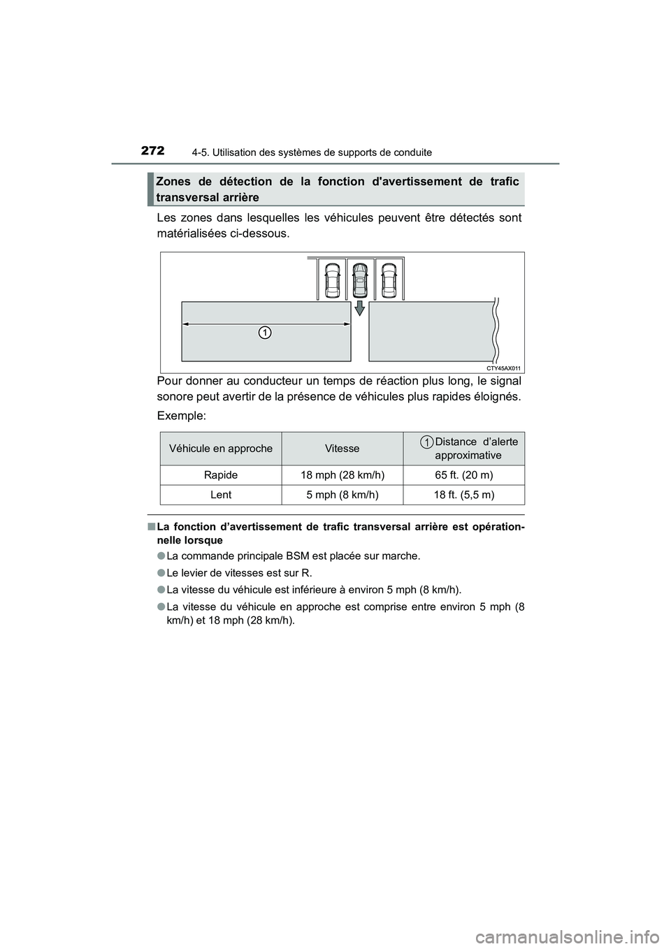 TOYOTA AVALON 2018 Manuel du propriétaire (in French) 2724-5. Utilisation des systèmes de supports de conduite
AVALON (D)_(OM07010D)
Les zones dans lesquelles les véhicules peuvent être détectés sont
matérialisées ci-dessous.
Pour donner au conduc TOYOTA AVALON 2018 Manuel du propriétaire (in French) 2724-5. Utilisation des systèmes de supports de conduite
AVALON (D)_(OM07010D)
Les zones dans lesquelles les véhicules peuvent être détectés sont
matérialisées ci-dessous.
Pour donner au conduc