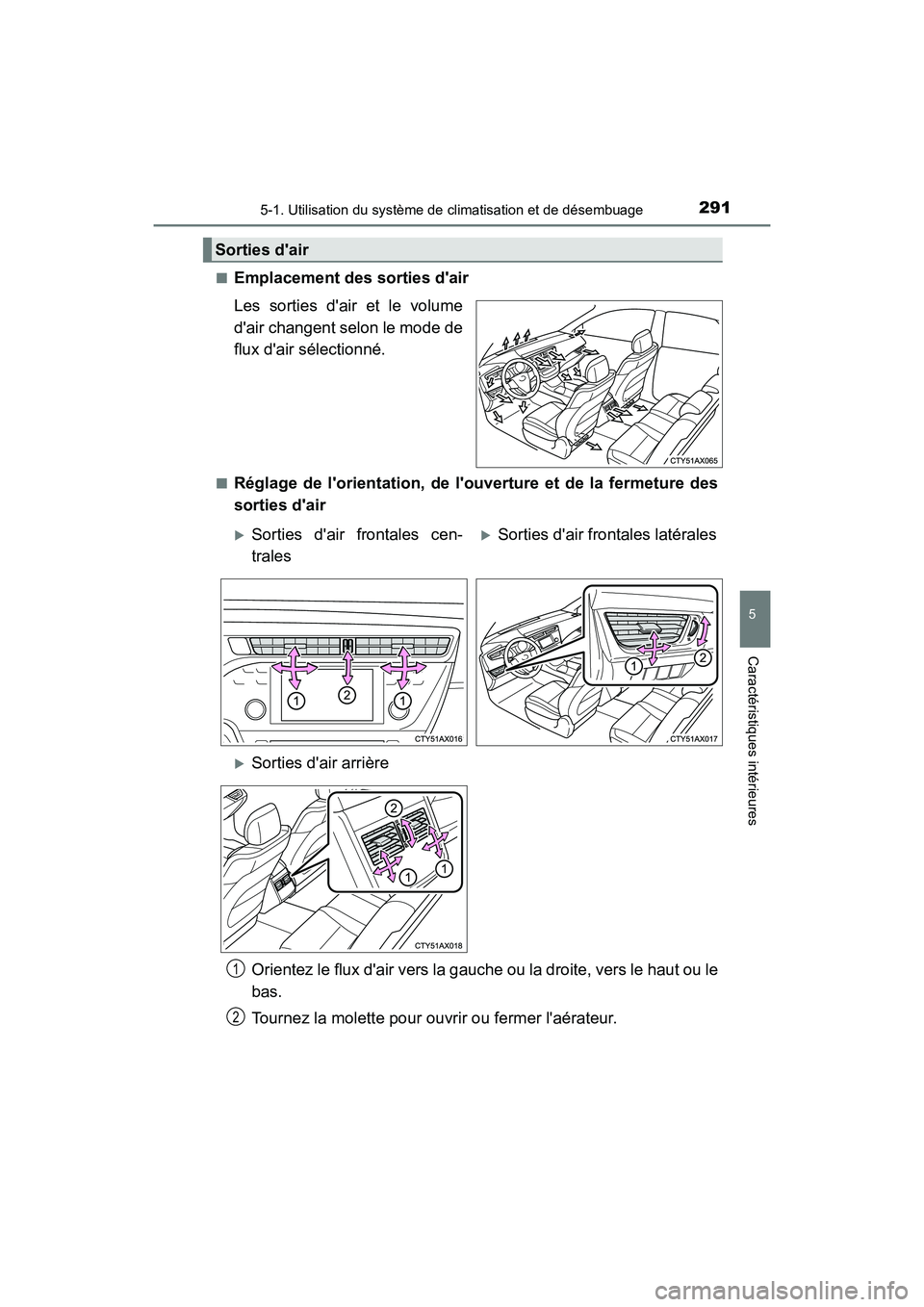 TOYOTA AVALON 2018  Manuel du propriétaire (in French) 2915-1. Utilisation du système de climatisation et de désembuage
5
Caractéristiques intérieures
AVALON (D)_(OM07010D)■
Emplacement des sorties dair
Les sorties dair et le volume
dair changent