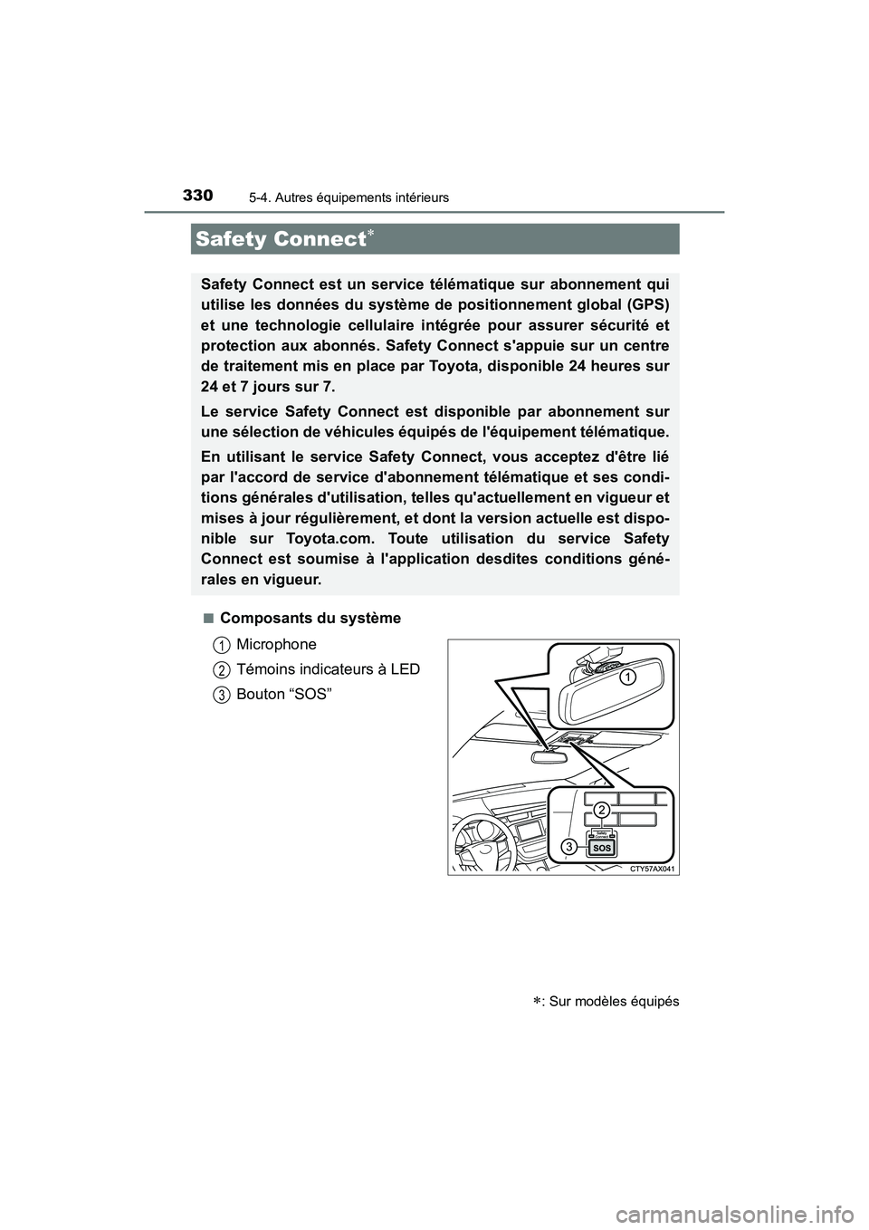 TOYOTA AVALON 2018  Manuel du propriétaire (in French) 3305-4. Autres équipements intérieurs
AVALON (D)_(OM07010D)■
Composants du système
Microphone
Témoins indicateurs à LED
Bouton “SOS”
Safety Connect
: Sur modèles équipés
Safety Con