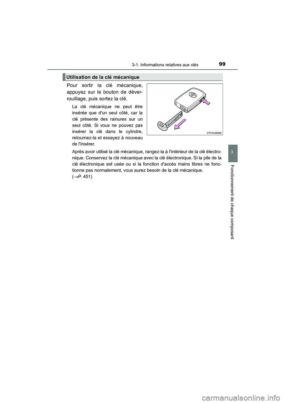 TOYOTA AVALON 2017 Manuel du propriétaire (in French) 993-1. Informations relatives aux clés
3
Fonctionnement de chaque composant
AVALON (D)_(OM07007D)
Pour sortir la clé mécanique,
appuyez sur le bouton de déver-
rouillage, puis sortez la clé.
La TOYOTA AVALON 2017 Manuel du propriétaire (in French) 993-1. Informations relatives aux clés
3
Fonctionnement de chaque composant
AVALON (D)_(OM07007D)
Pour sortir la clé mécanique,
appuyez sur le bouton de déver-
rouillage, puis sortez la clé.
La