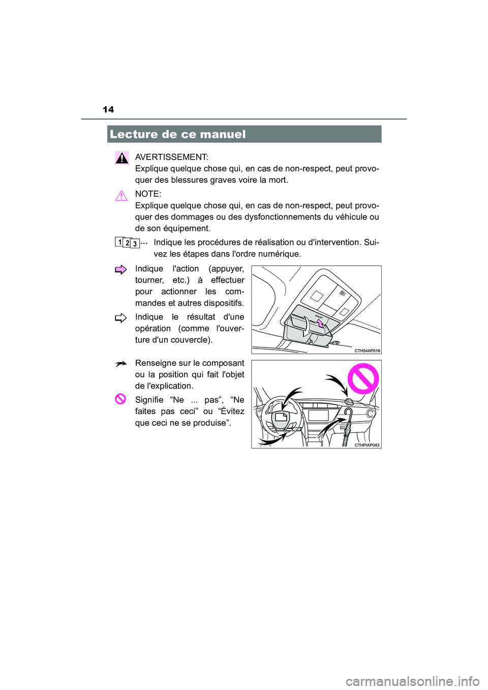TOYOTA AVALON 2017 Manuel du propriétaire (in French) 14
AVALON (D)_(OM07007D)
AVERTISSEMENT:
Explique quelque chose qui, en cas de non-respect, peut provo-
quer des blessures graves voire la mort.
NOTE:
Explique quelque chose qui, en cas de non-re TOYOTA AVALON 2017 Manuel du propriétaire (in French) 14
AVALON (D)_(OM07007D)
AVERTISSEMENT:
Explique quelque chose qui, en cas de non-respect, peut provo-
quer des blessures graves voire la mort.
NOTE:
Explique quelque chose qui, en cas de non-re
