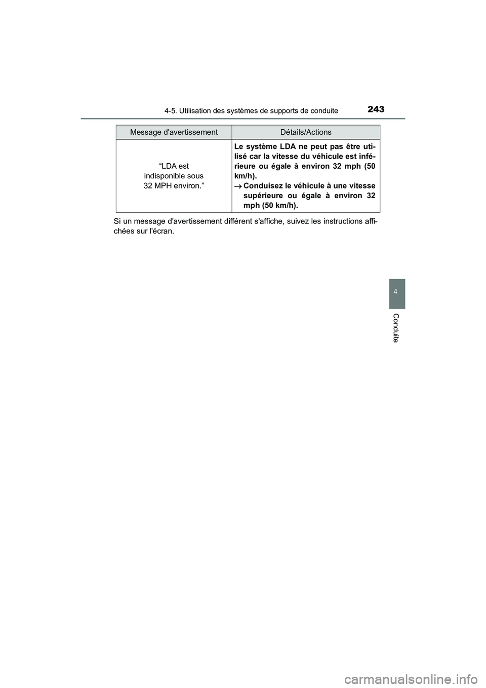 TOYOTA AVALON 2017 Manuel du propriétaire (in French) 2434-5. Utilisation des systèmes de supports de conduite
4
Conduite
AVALON (D)_(OM07007D)Si un message davertissement différent saffiche, suivez les instructions affi-
chées sur lécran.
“LDA TOYOTA AVALON 2017 Manuel du propriétaire (in French) 2434-5. Utilisation des systèmes de supports de conduite
4
Conduite
AVALON (D)_(OM07007D)Si un message davertissement différent saffiche, suivez les instructions affi-
chées sur lécran.
“LDA