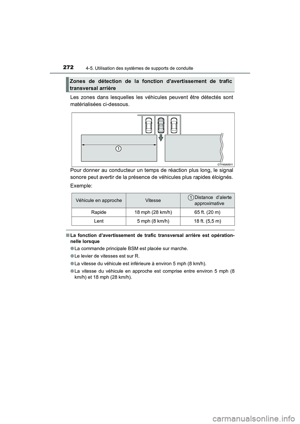 TOYOTA AVALON 2017 Manuel du propriétaire (in French) 2724-5. Utilisation des systèmes de supports de conduite
AVALON (D)_(OM07007D)
Les zones dans lesquelles les véhicules peuvent être détectés sont
matérialisées ci-dessous.
Pour donner au conduc TOYOTA AVALON 2017 Manuel du propriétaire (in French) 2724-5. Utilisation des systèmes de supports de conduite
AVALON (D)_(OM07007D)
Les zones dans lesquelles les véhicules peuvent être détectés sont
matérialisées ci-dessous.
Pour donner au conduc