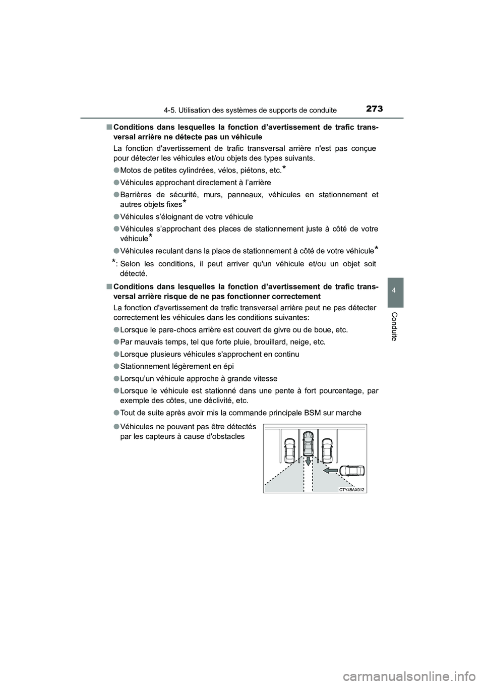 TOYOTA AVALON 2017 Manuel du propriétaire (in French) 2734-5. Utilisation des systèmes de supports de conduite
4
Conduite
AVALON (D)_(OM07007D)■
Conditions dans lesquelles la fonction d’avertissement de trafic trans-
versal arrière ne détecte pas TOYOTA AVALON 2017 Manuel du propriétaire (in French) 2734-5. Utilisation des systèmes de supports de conduite
4
Conduite
AVALON (D)_(OM07007D)■
Conditions dans lesquelles la fonction d’avertissement de trafic trans-
versal arrière ne détecte pas