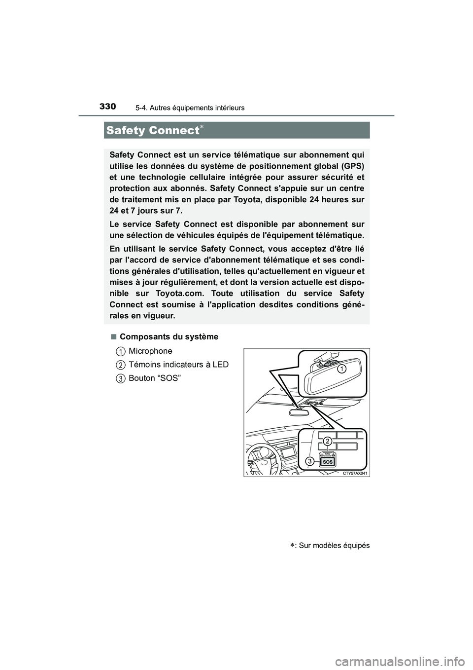 TOYOTA AVALON 2017 Manuel du propriétaire (in French) 3305-4. Autres équipements intérieurs
AVALON (D)_(OM07007D)
■Composants du système
Microphone
Témoins indicateurs à LED
Bouton “SOS”
Safety Connect
: Sur modèles équipés
Safety TOYOTA AVALON 2017 Manuel du propriétaire (in French) 3305-4. Autres équipements intérieurs
AVALON (D)_(OM07007D)
■Composants du système
Microphone
Témoins indicateurs à LED
Bouton “SOS”
Safety Connect
: Sur modèles équipés
Safety